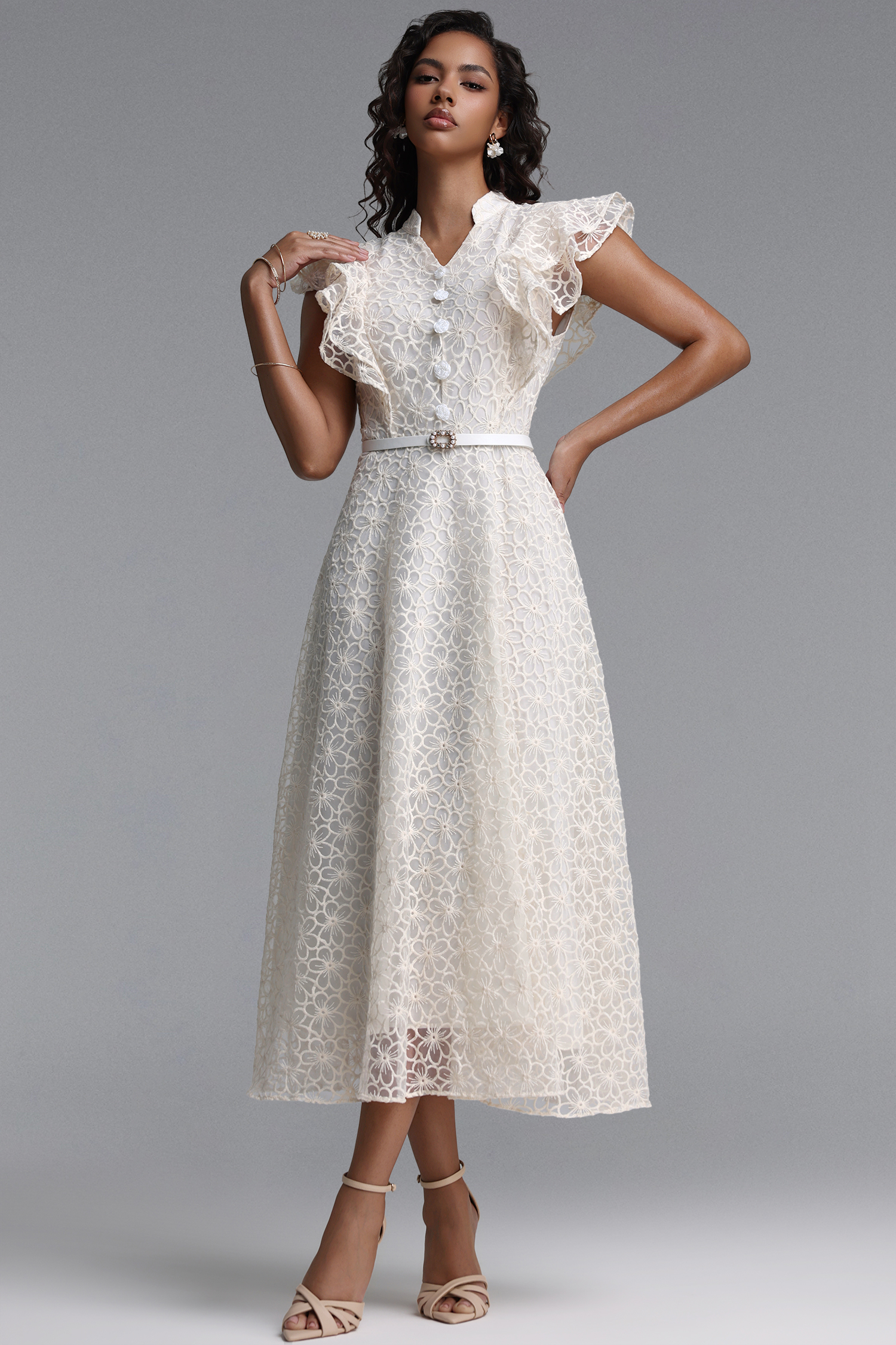 Rahan Elegant Cinched Ruffle Floral Woven Maxi Dress