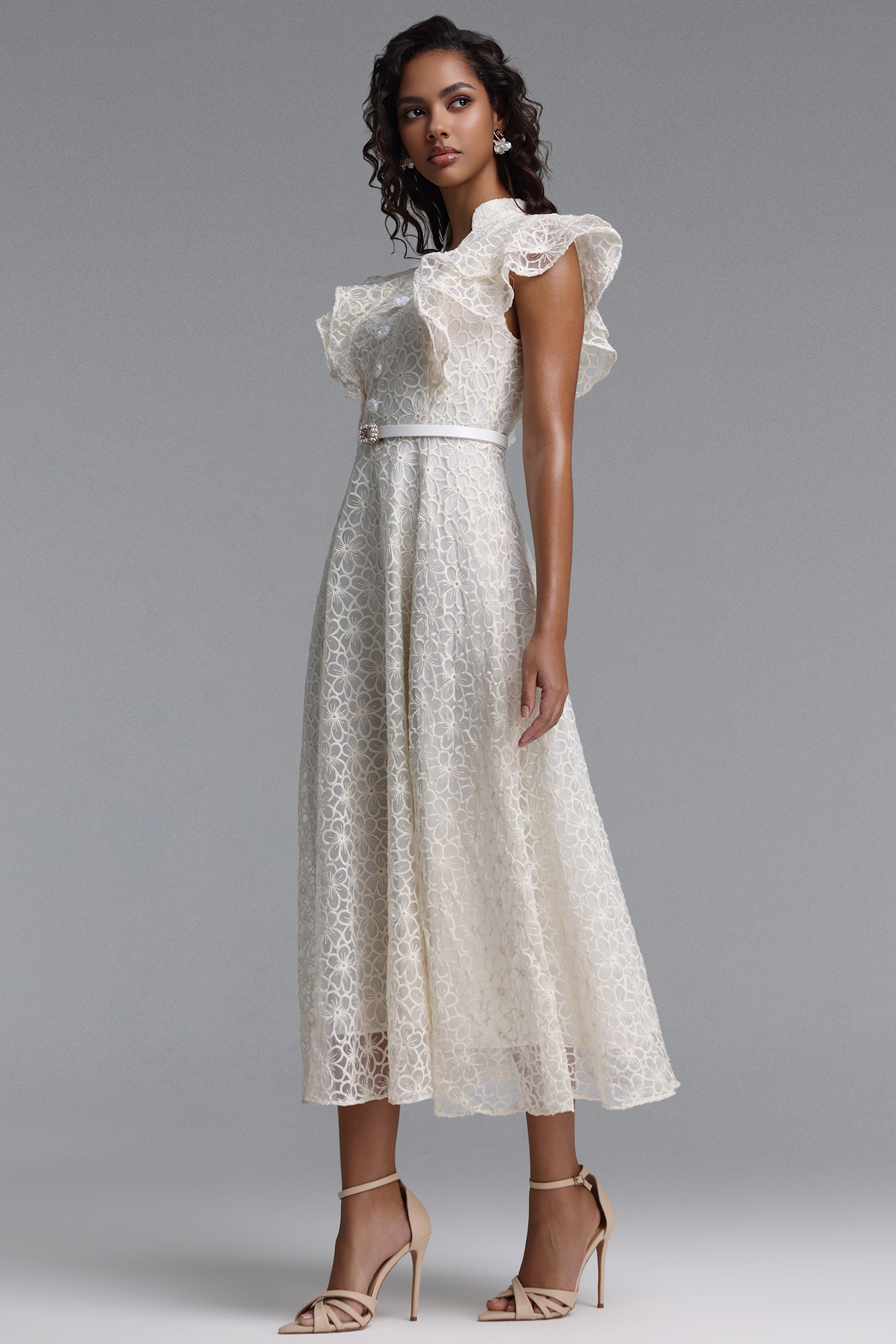 Rahan Elegant Cinched Ruffle Floral Woven Maxi Dress