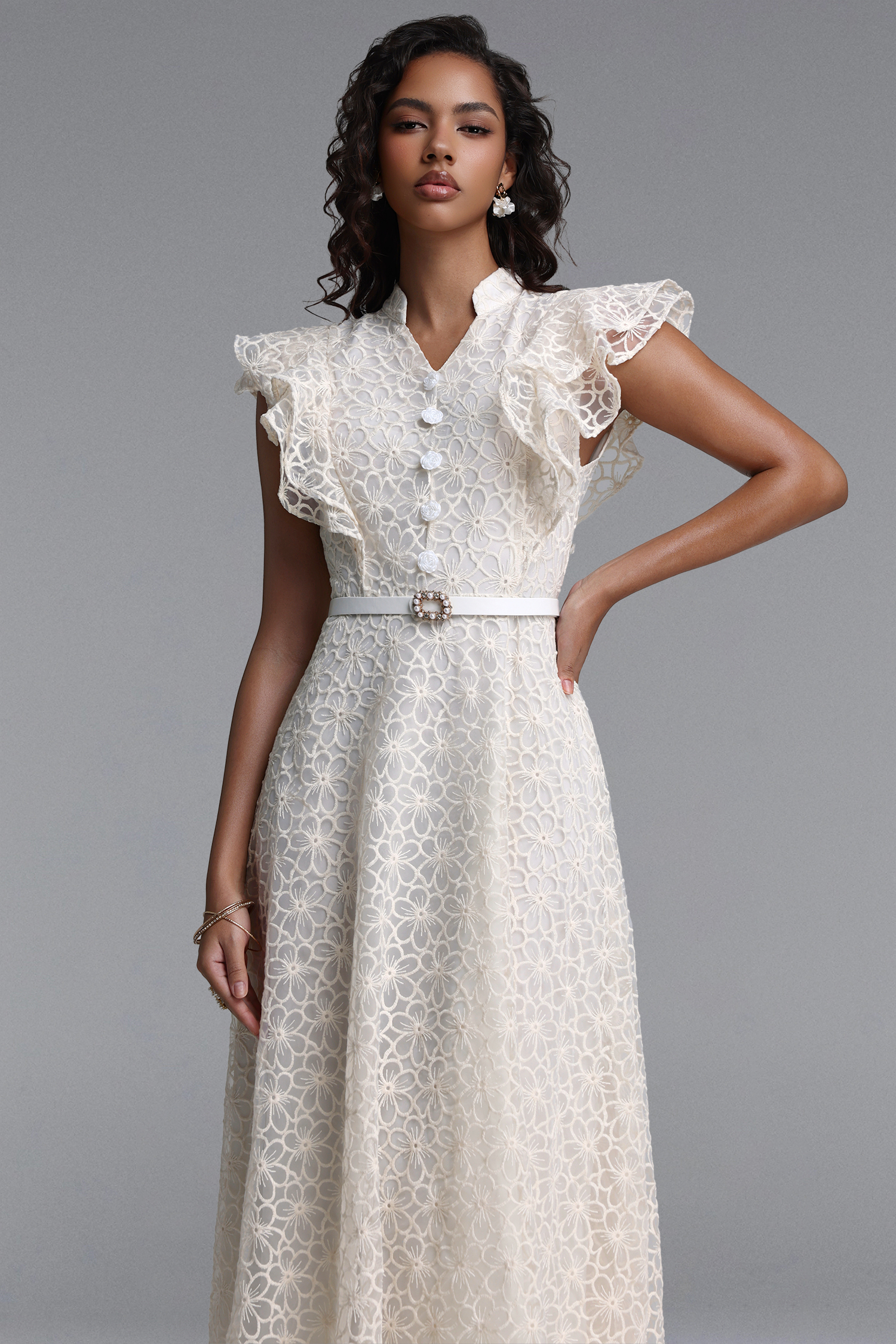Rahan Elegant Cinched Ruffle Floral Woven Maxi Dress