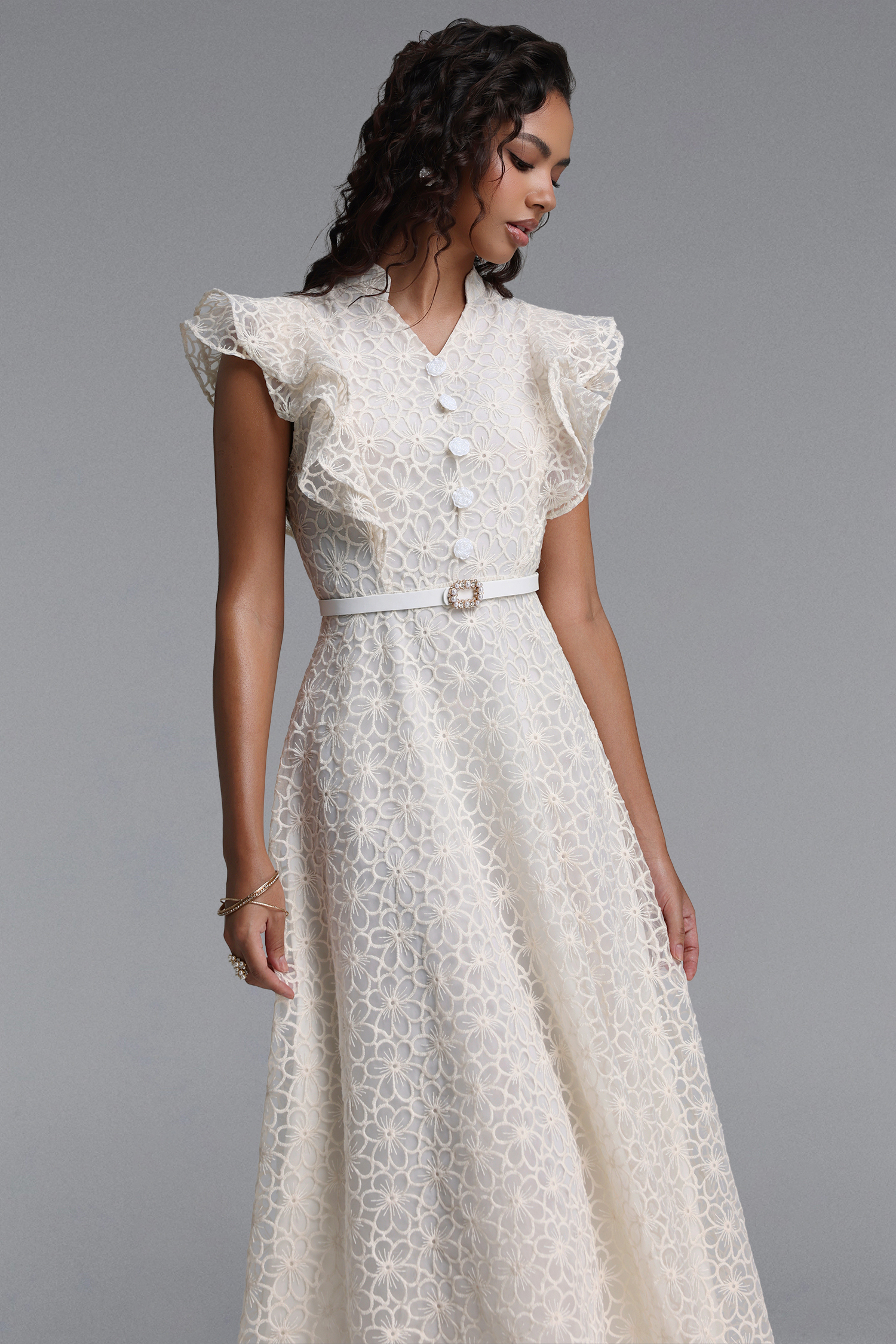 Rahan Elegant Cinched Ruffle Floral Woven Maxi Dress