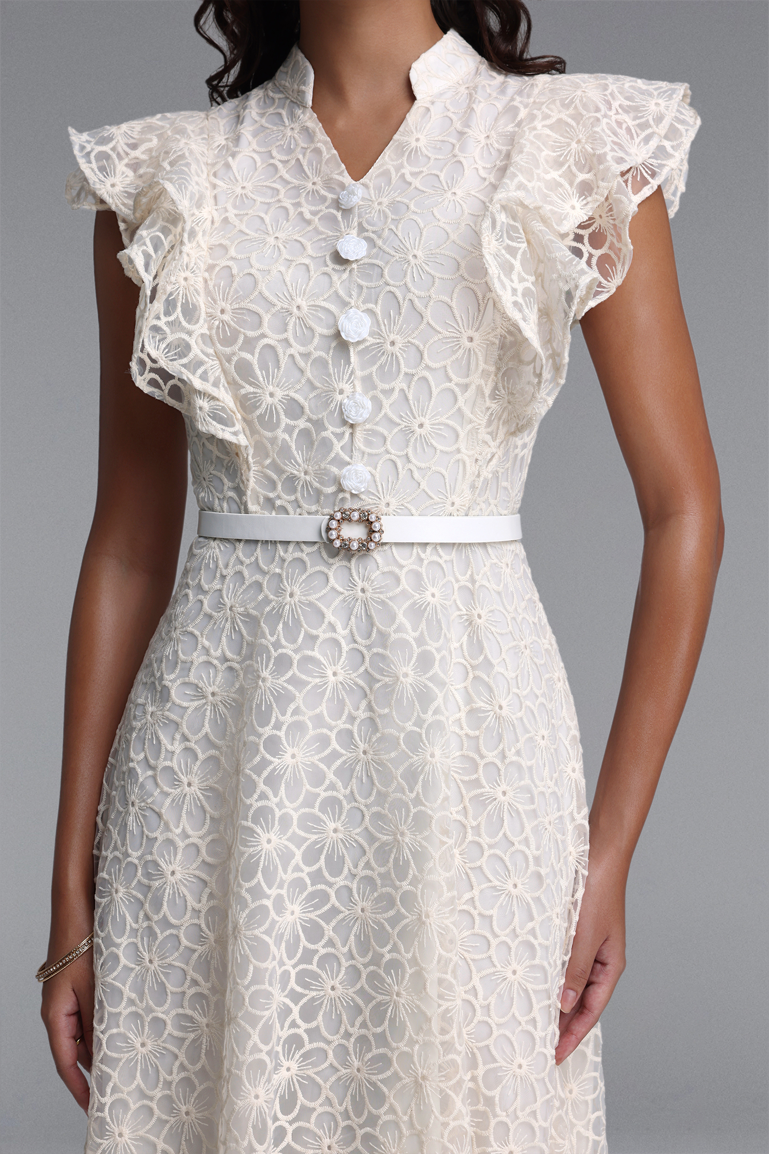 Rahan Elegant Cinched Ruffle Floral Woven Maxi Dress