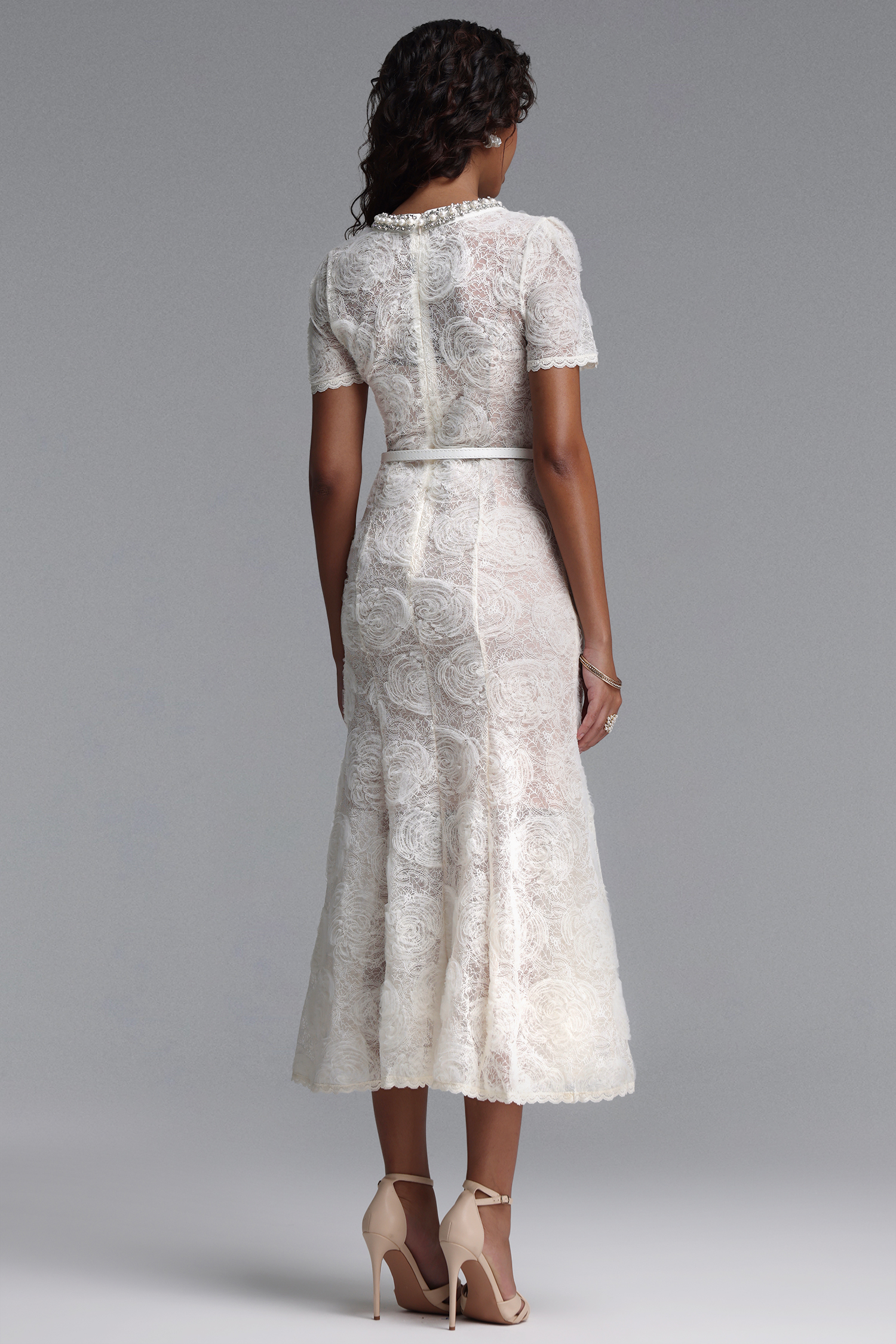 Shaylah Classic Tailored Short Sleeve Floral Pearl Rhinestone Woven Maxi Dress