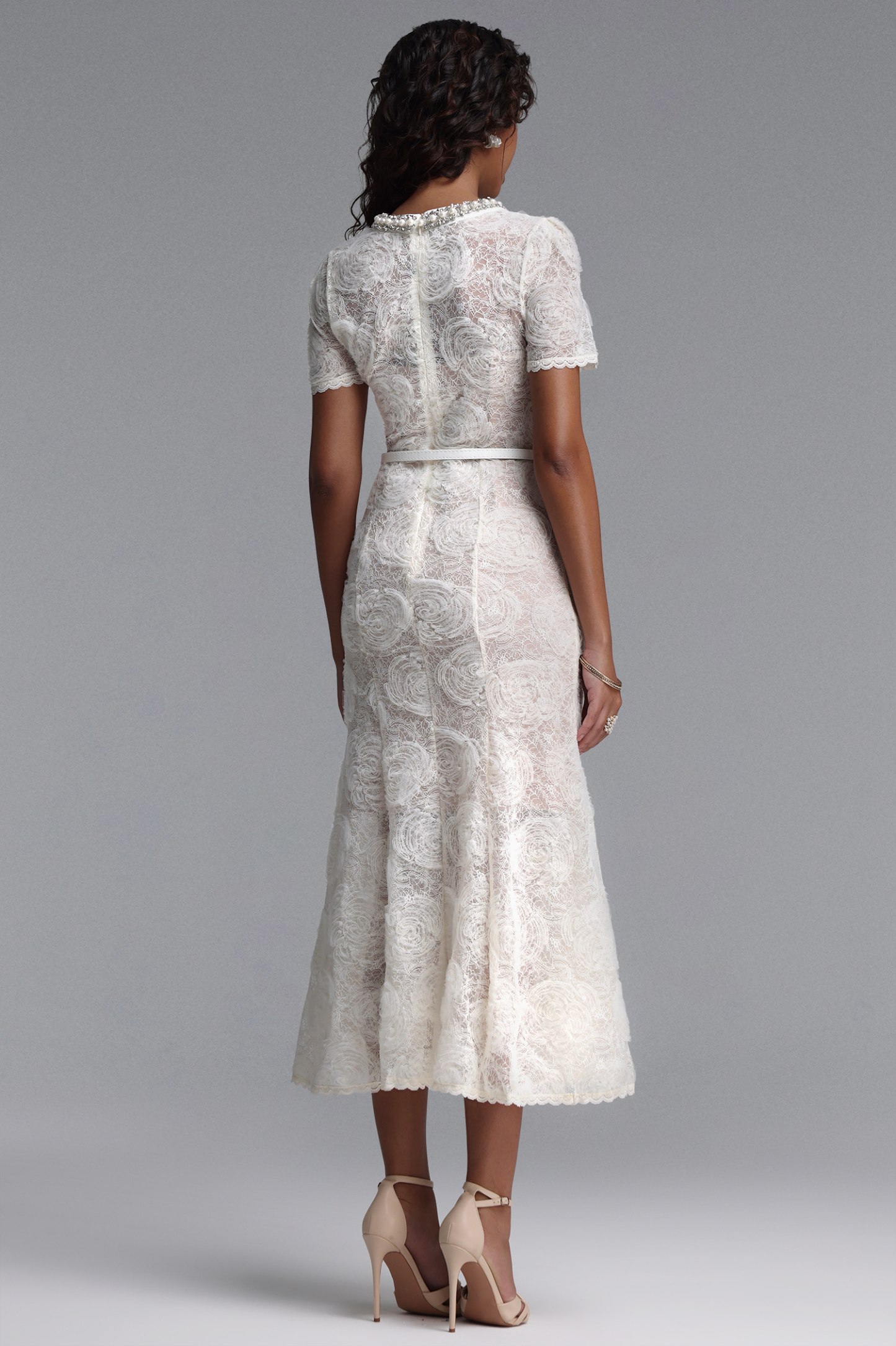 Shaylah Classic Tailored Short Sleeve Floral Pearl Rhinestone Woven Maxi Dress