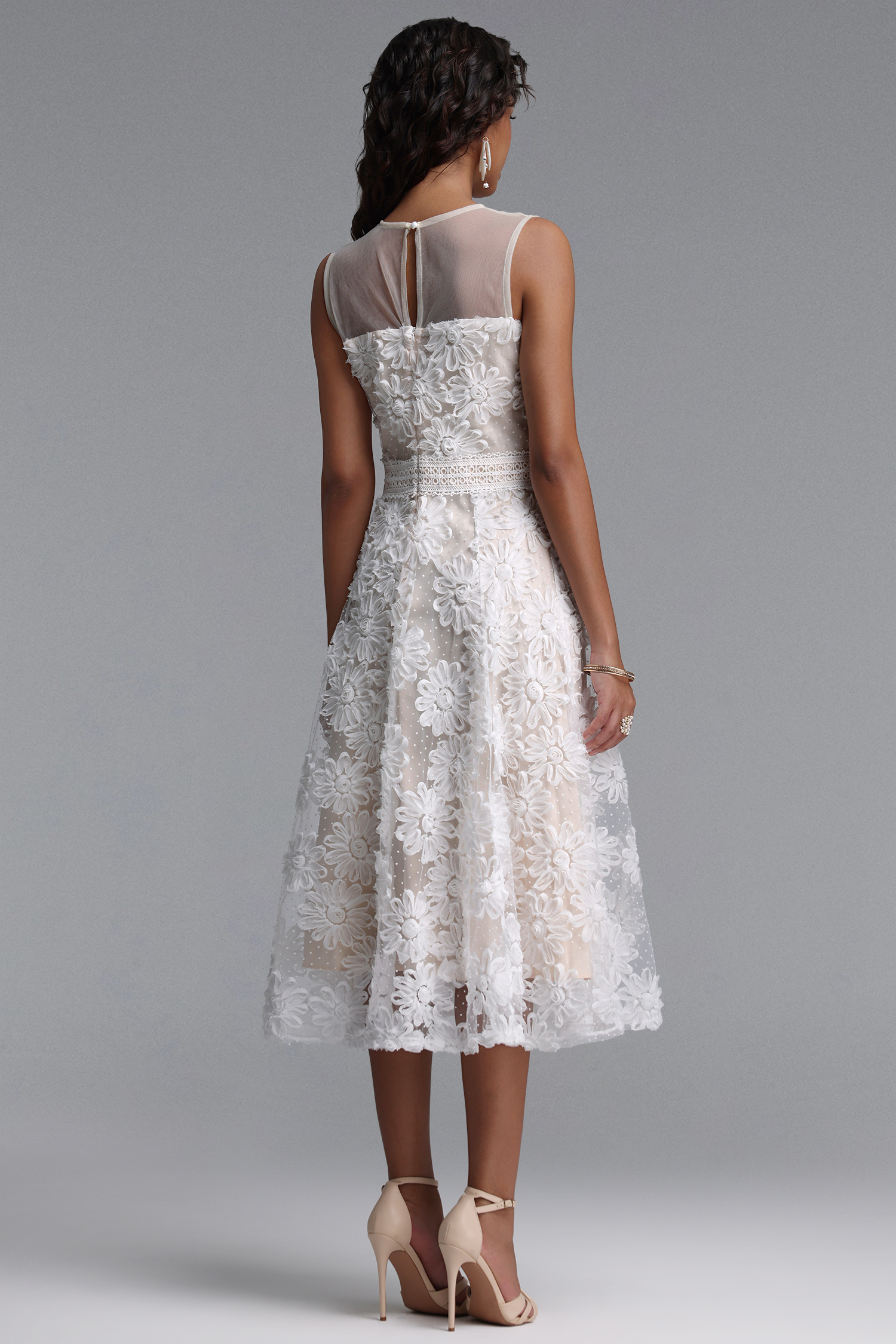 Yeney Resort Flowy Sleeveless Floral Tulle Midi Dress