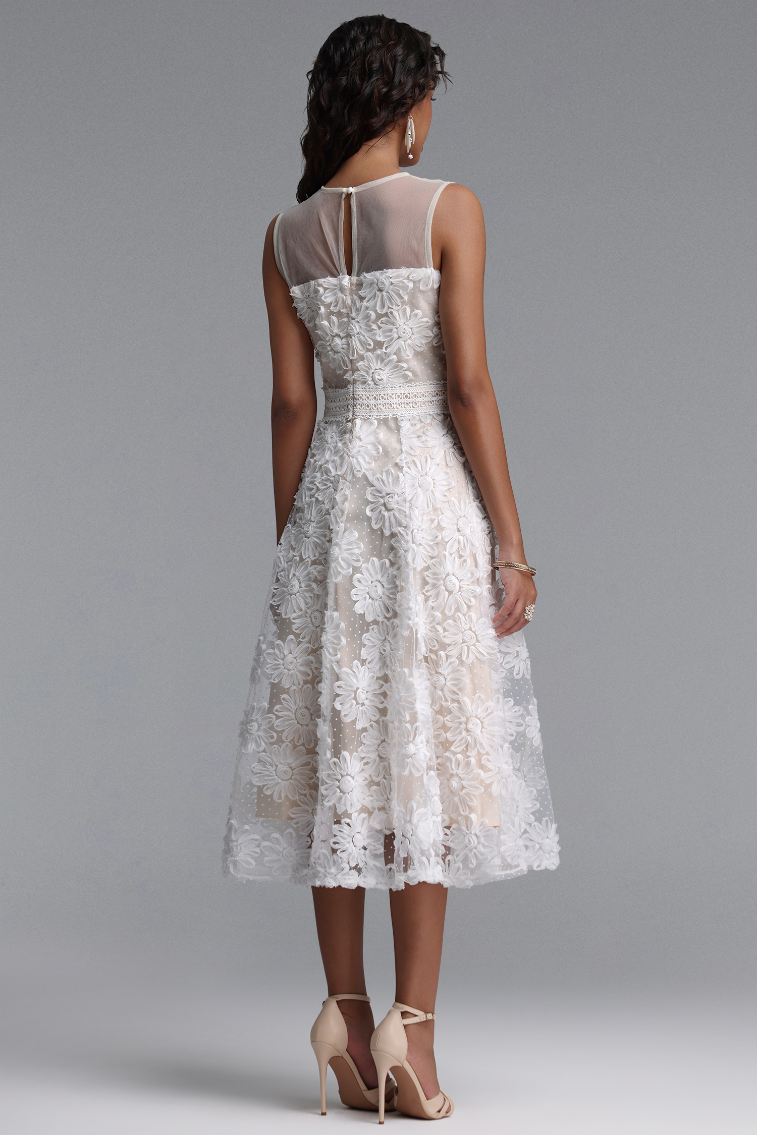 Yeney Resort Flowy Sleeveless Floral Tulle Midi Dress