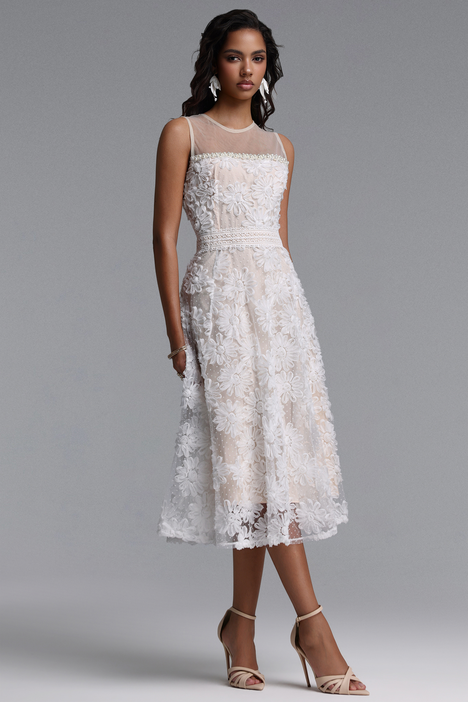 Yeney Resort Flowy Sleeveless Floral Tulle Midi Dress
