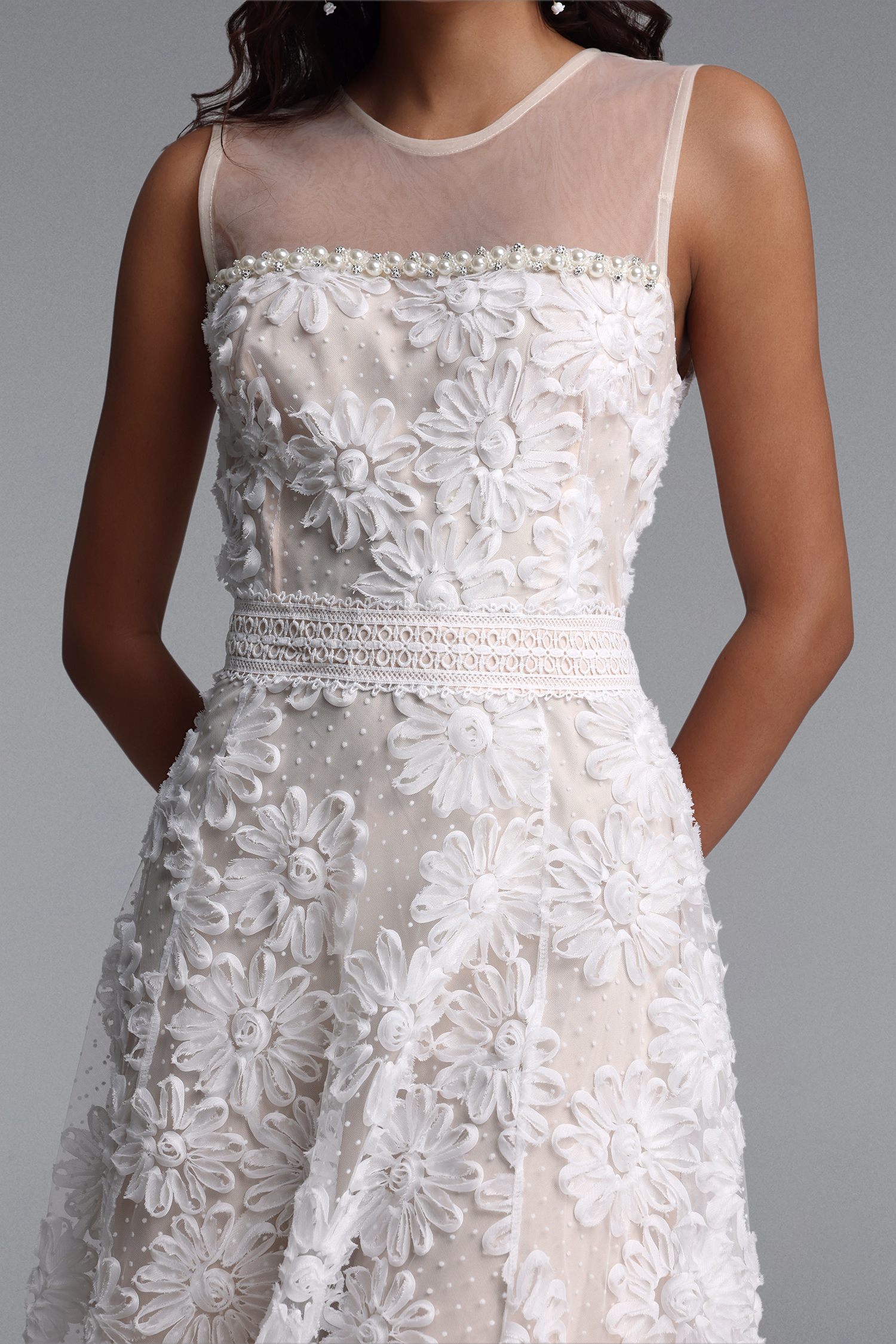 Yeney Resort Flowy Sleeveless Floral Tulle Midi Dress