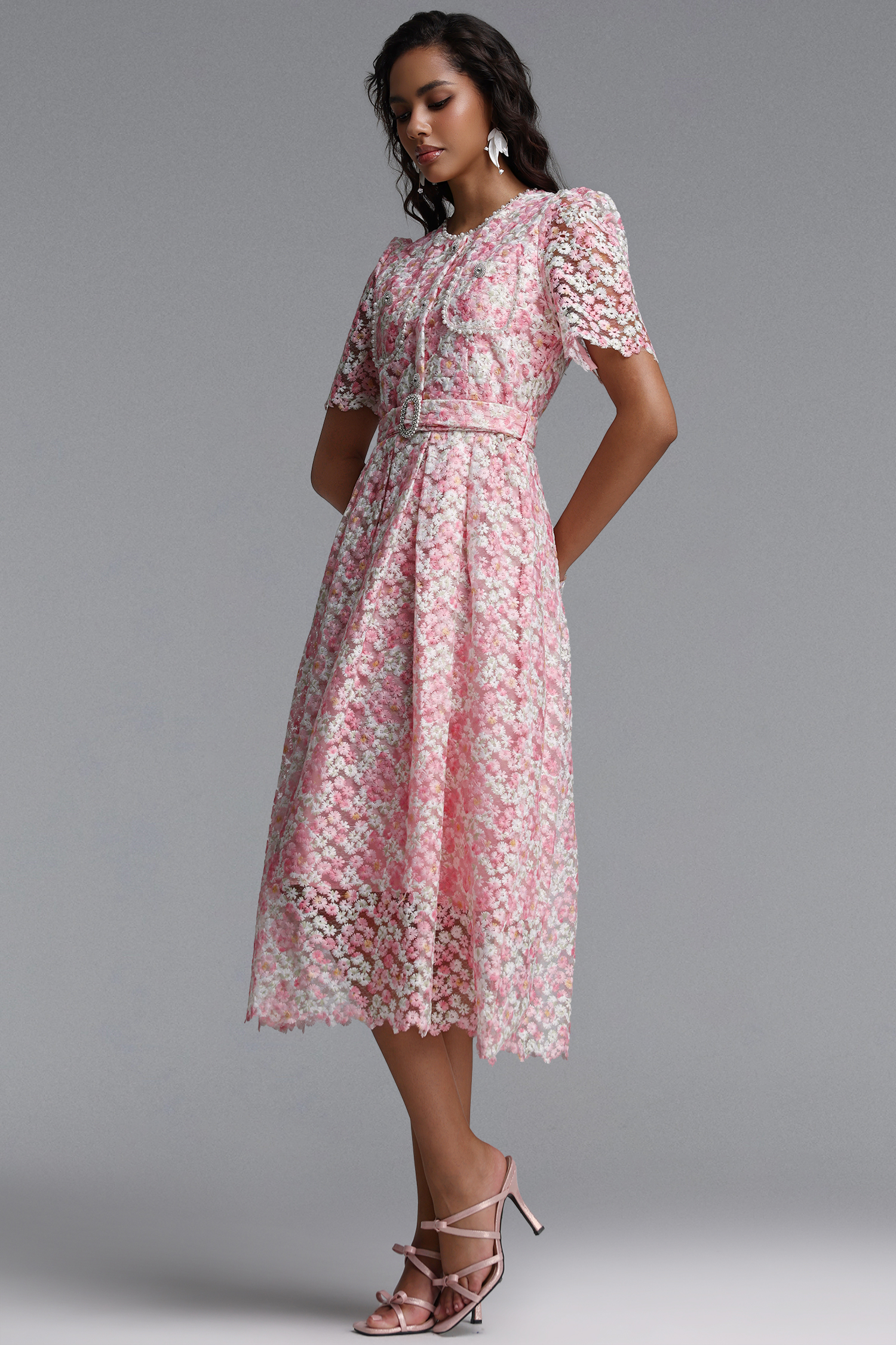 Vincy Romantic Cinched Round Neck Short Sleeve Pearl Floral Lace Midi Dress