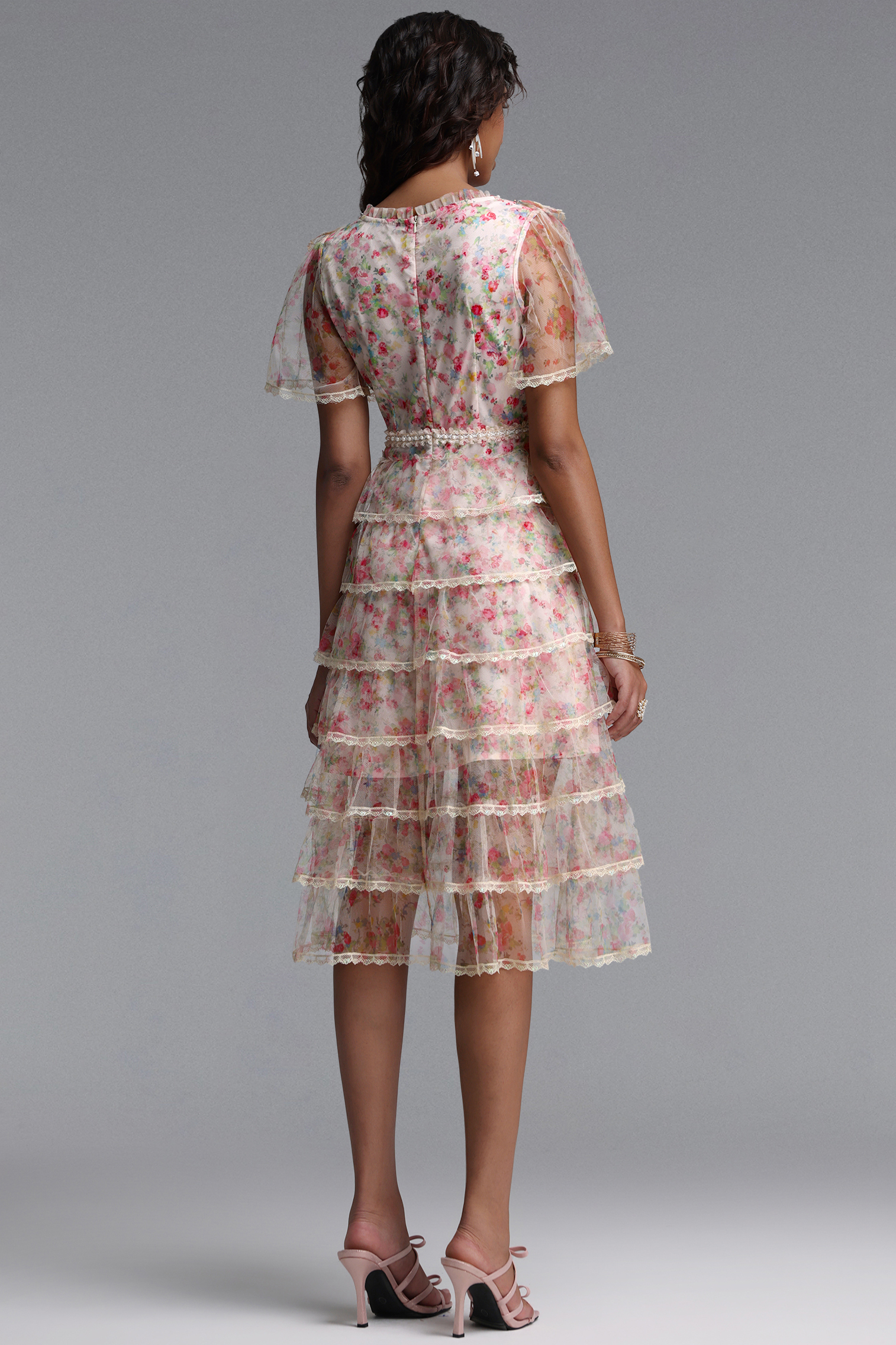 Holly Romantic Flowy Short Sleeve Tiered Ruffle Floral Print Tulle Midi Dress