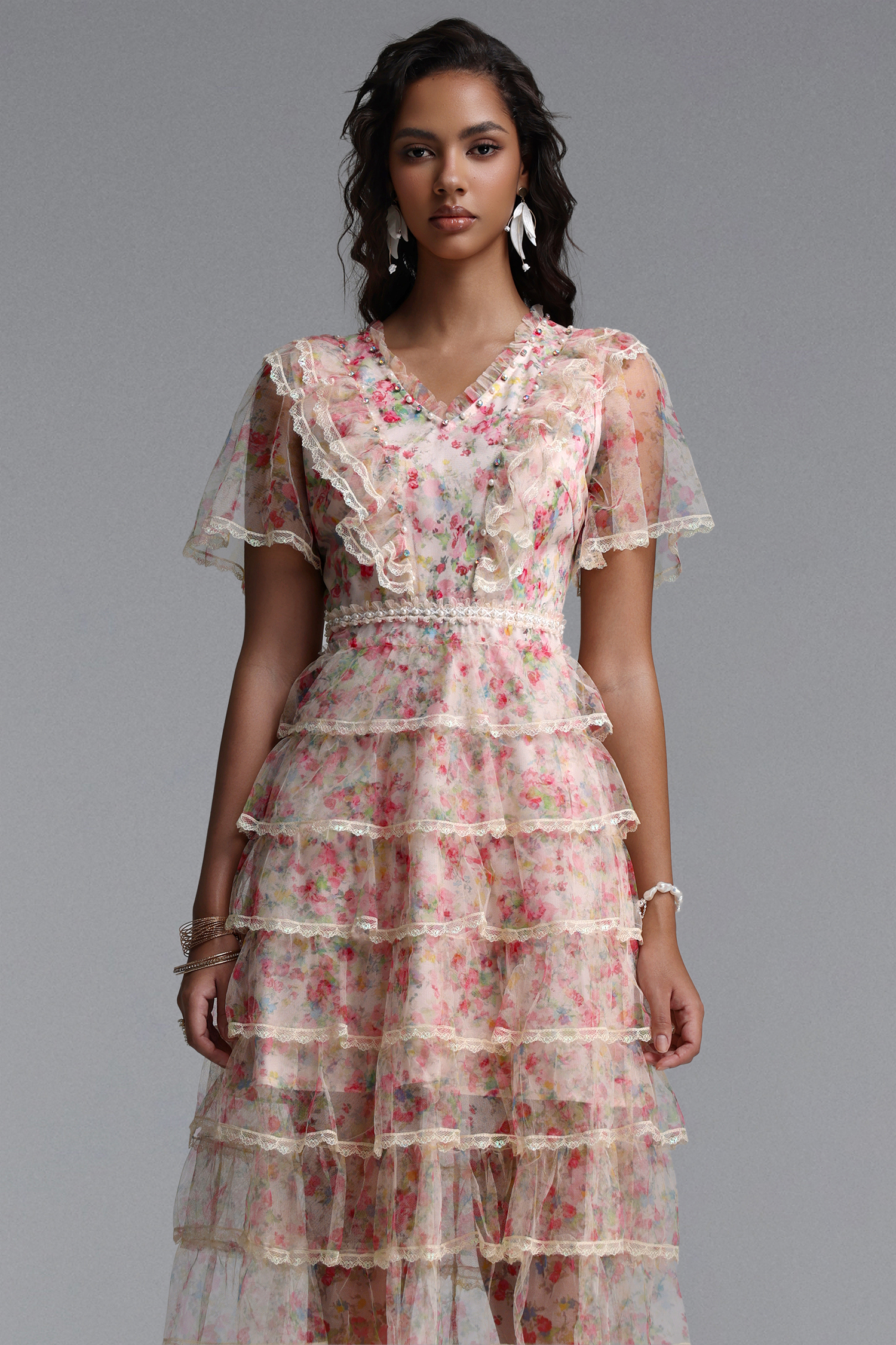 Holly Romantic Flowy Short Sleeve Tiered Ruffle Floral Print Tulle Midi Dress