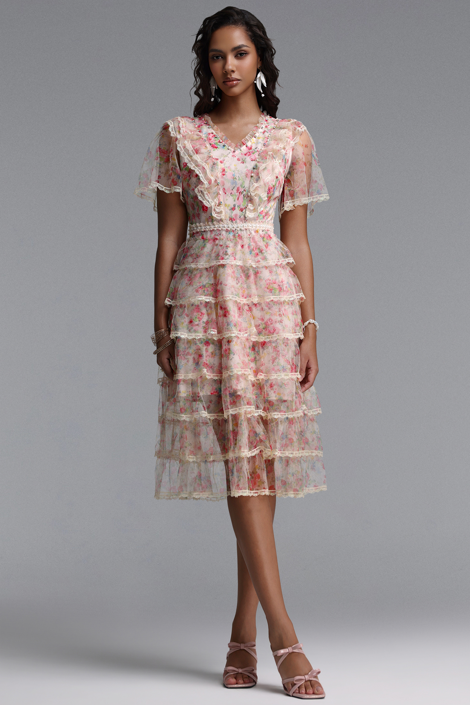 Holly Romantic Flowy Short Sleeve Tiered Ruffle Floral Print Tulle Midi Dress
