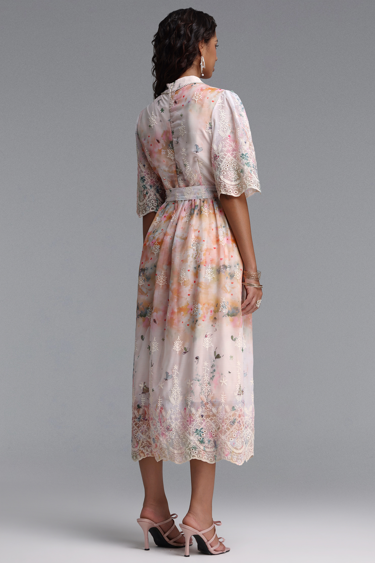 Ganaba Resort Flowy Short Sleeve Floral Print Woven Pink Maxi Dress