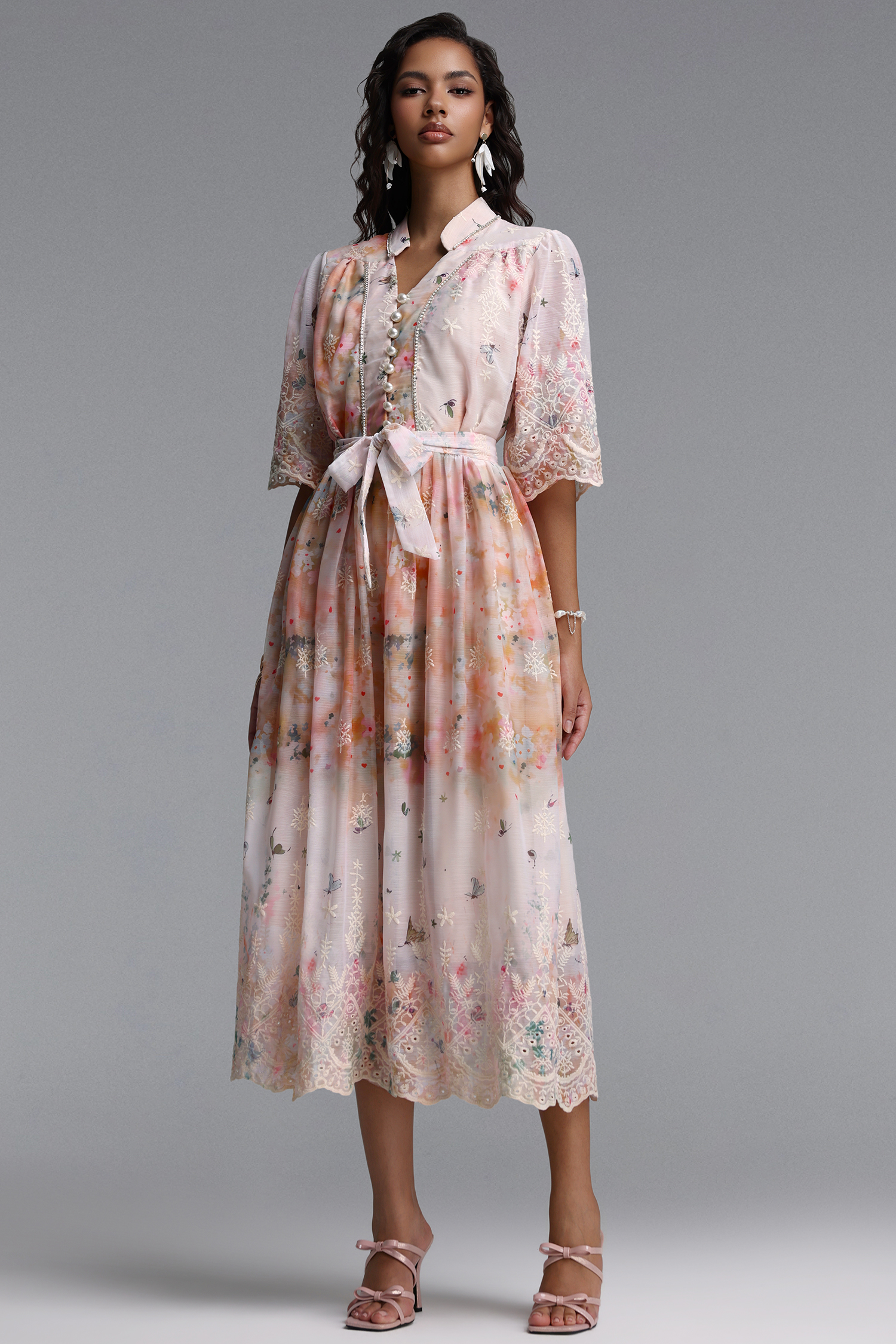 Ganaba Resort Flowy Short Sleeve Floral Print Woven Pink Maxi Dress