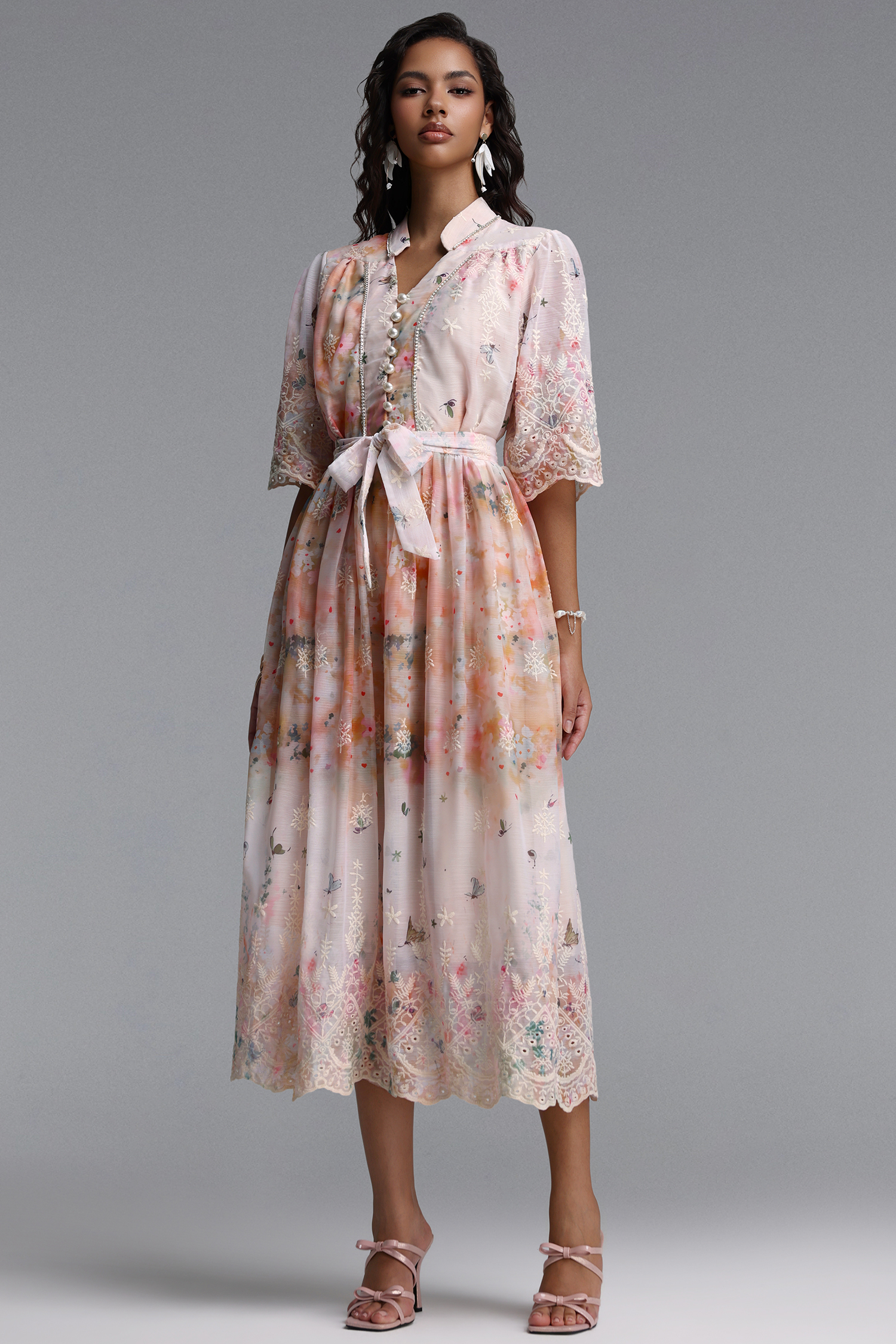 Ganaba Resort Flowy Short Sleeve Floral Print Woven Pink Maxi Dress