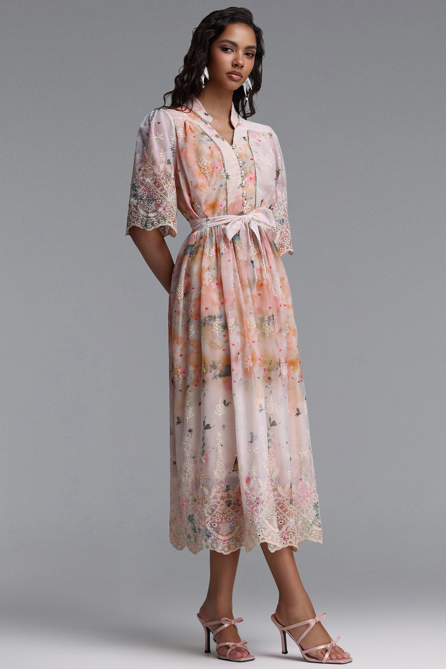 Ganaba Resort Flowy Short Sleeve Floral Print Woven Pink Maxi Dress