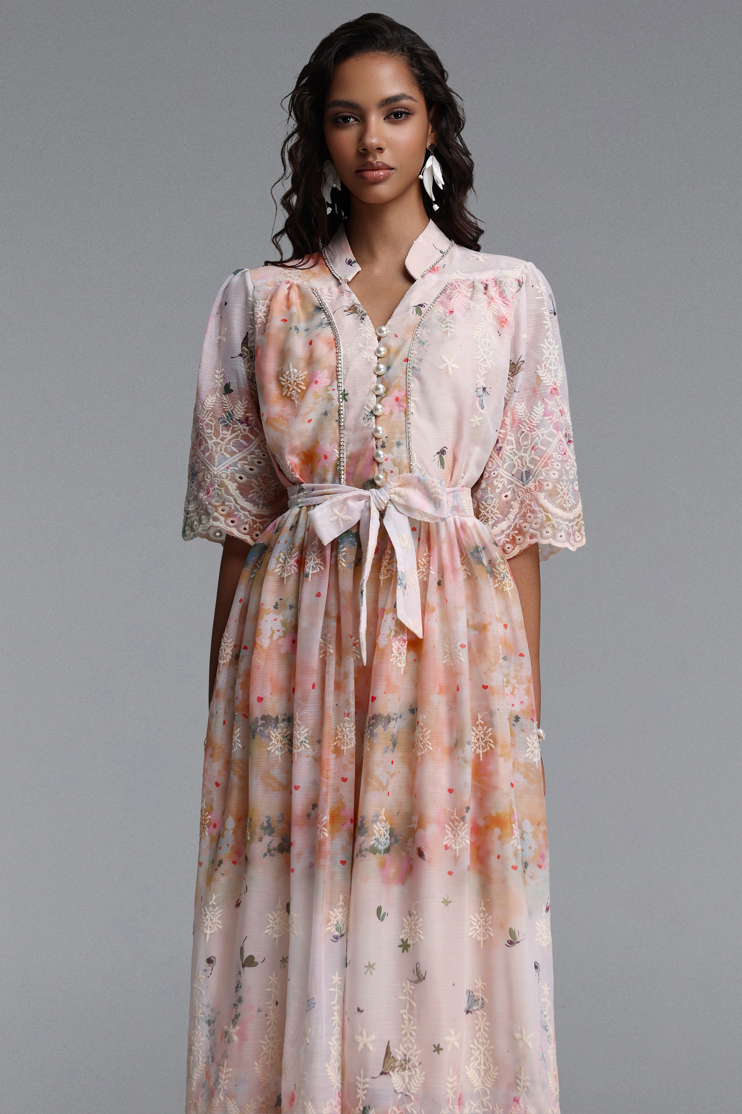 Ganaba Resort Flowy Short Sleeve Floral Print Woven Pink Maxi Dress