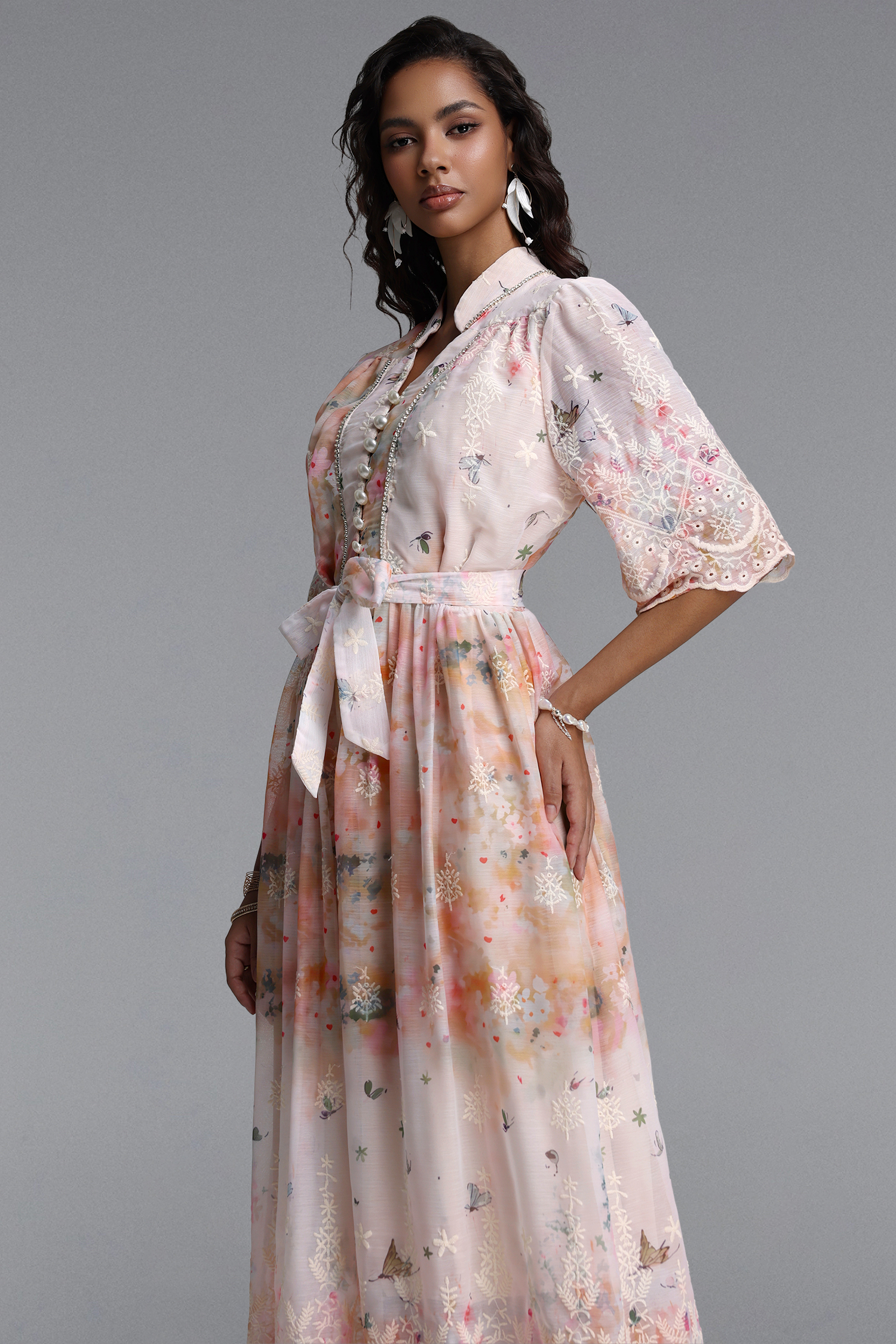 Ganaba Resort Flowy Short Sleeve Floral Print Woven Pink Maxi Dress