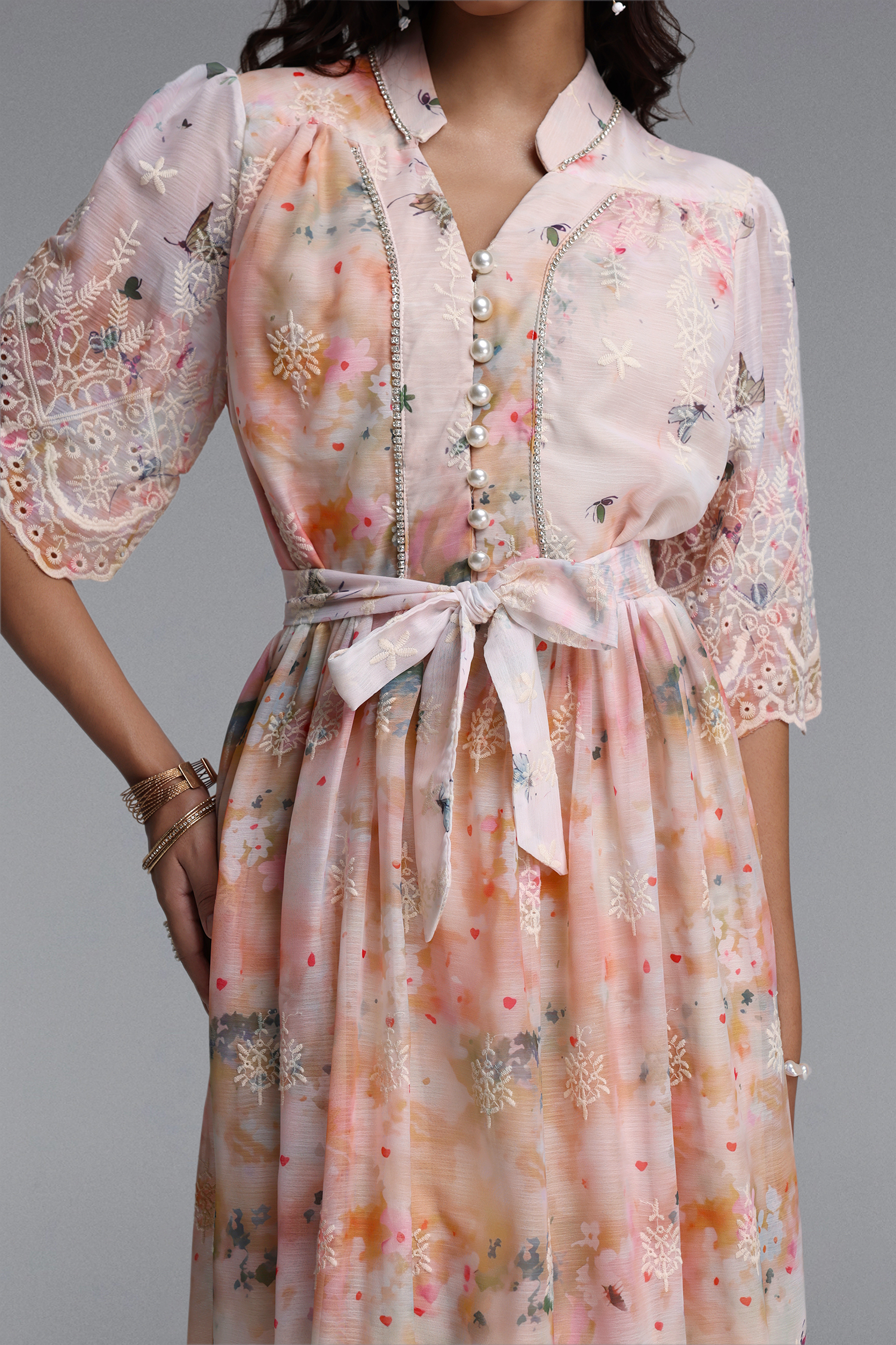Ganaba Resort Flowy Short Sleeve Floral Print Woven Pink Maxi Dress