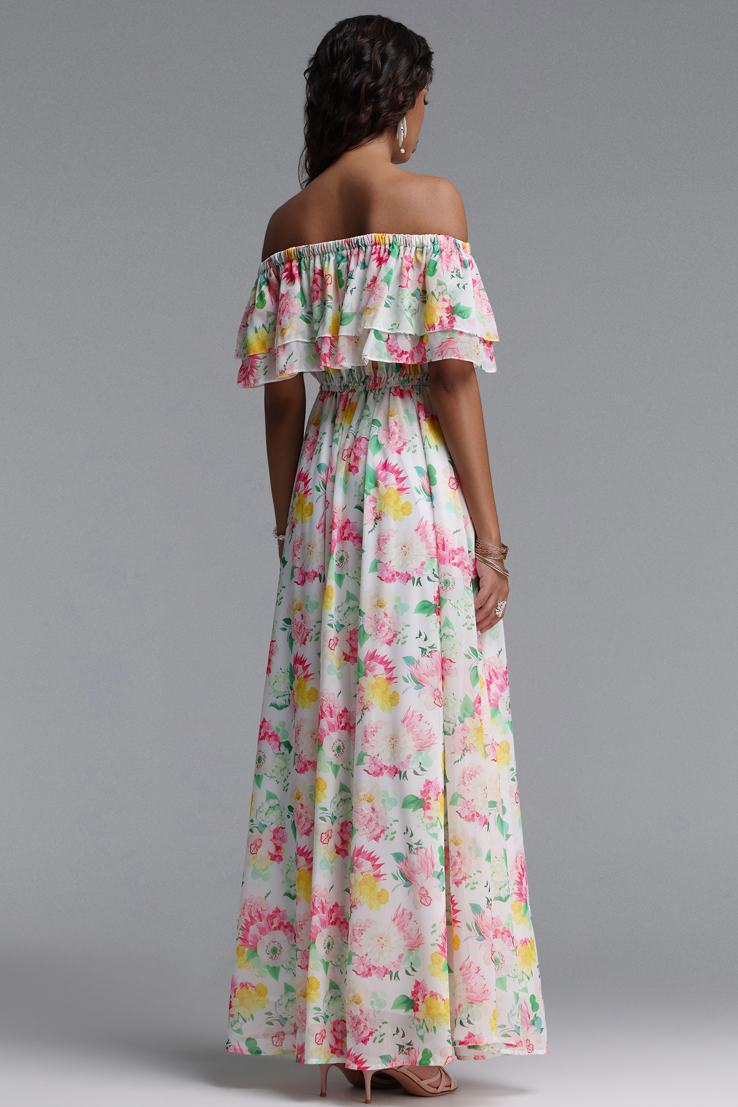 Verues Resort Flowy Off Shoulder Slit Floral Print Chiffon Maxi Dress