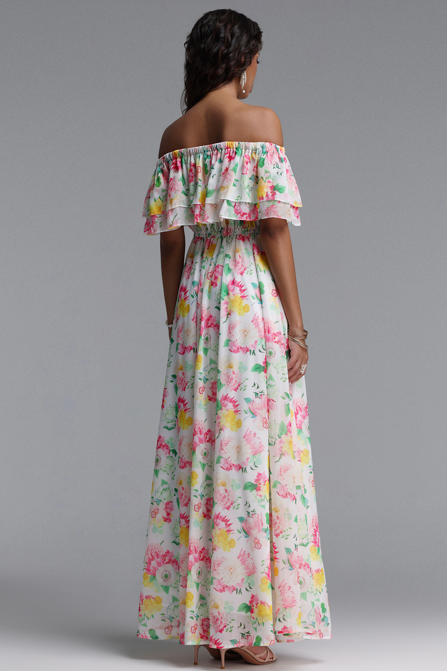 Verues Resort Flowy Off Shoulder Slit Floral Print Chiffon Maxi Dress