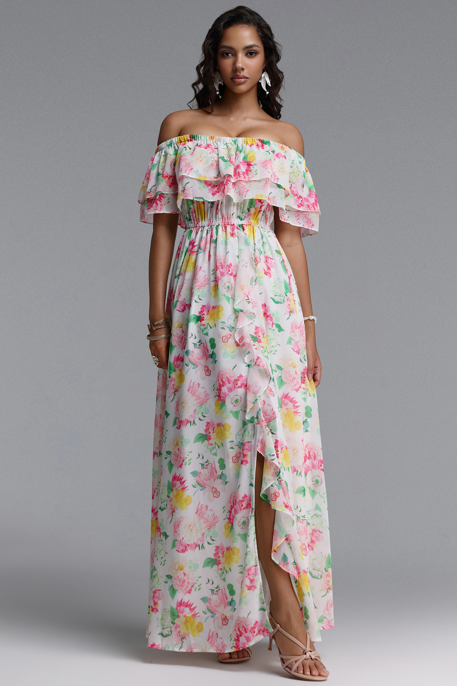 Verues Resort Flowy Off Shoulder Slit Floral Print Chiffon Maxi Dress