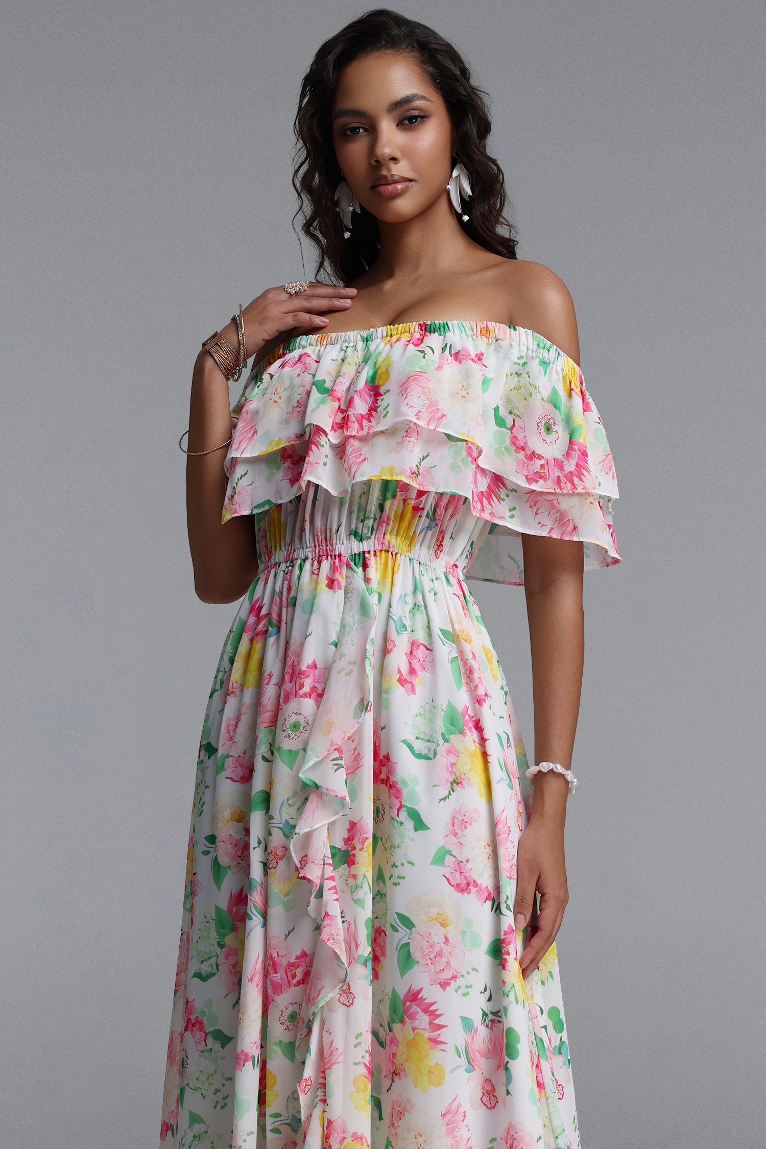 Verues Resort Flowy Off Shoulder Slit Floral Print Chiffon Maxi Dress