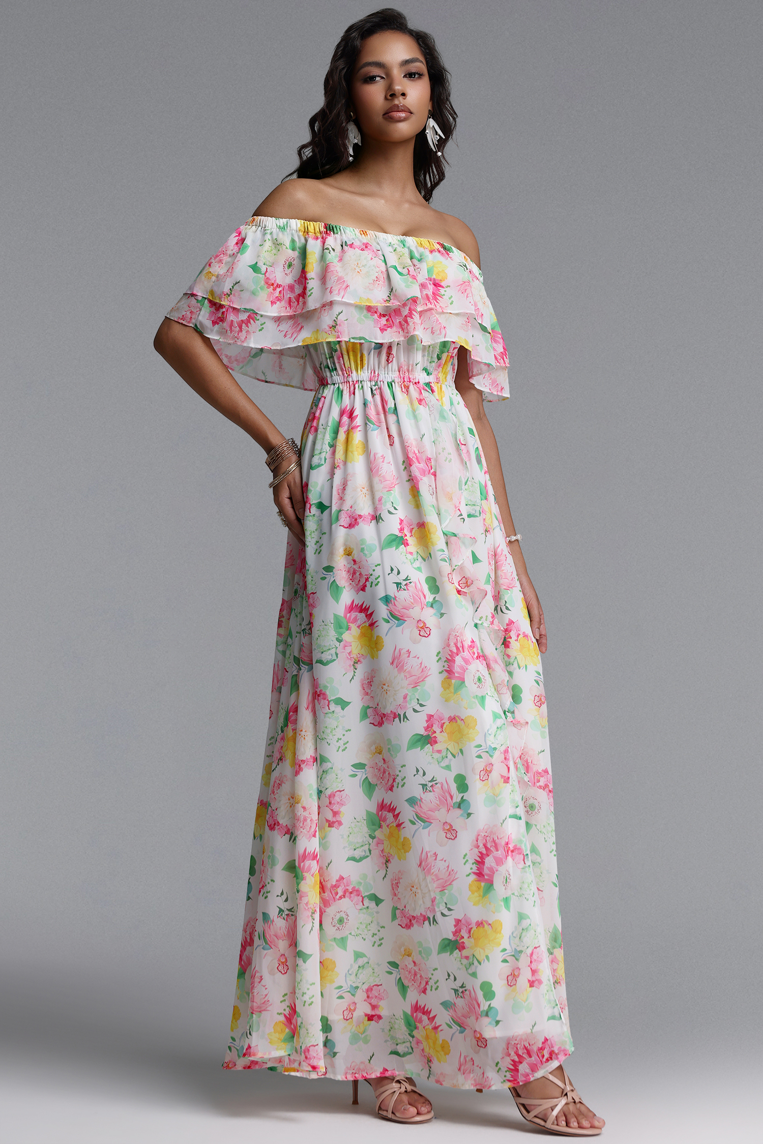 Verues Resort Flowy Off Shoulder Slit Floral Print Chiffon Maxi Dress