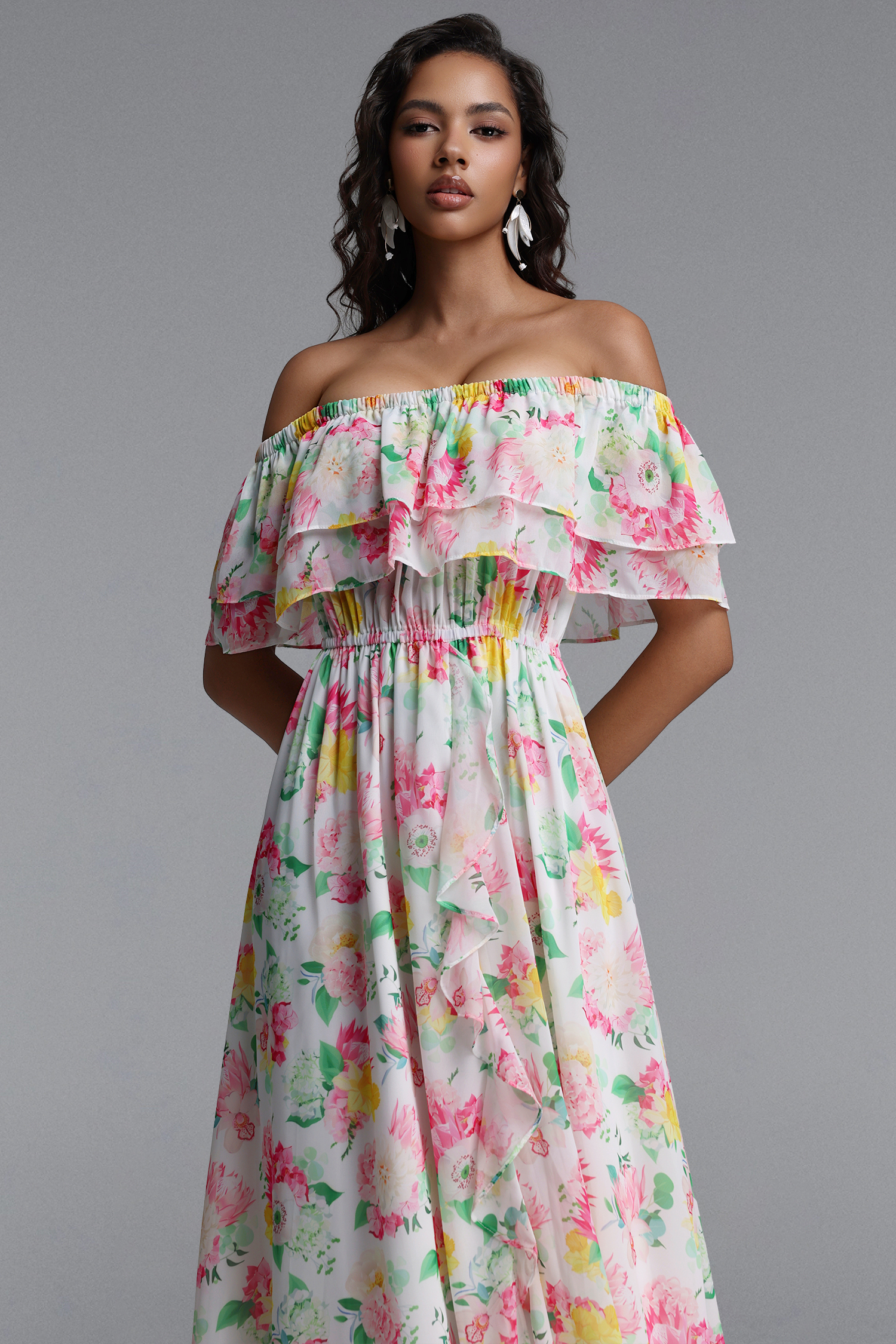 Verues Resort Flowy Off Shoulder Slit Floral Print Chiffon Maxi Dress