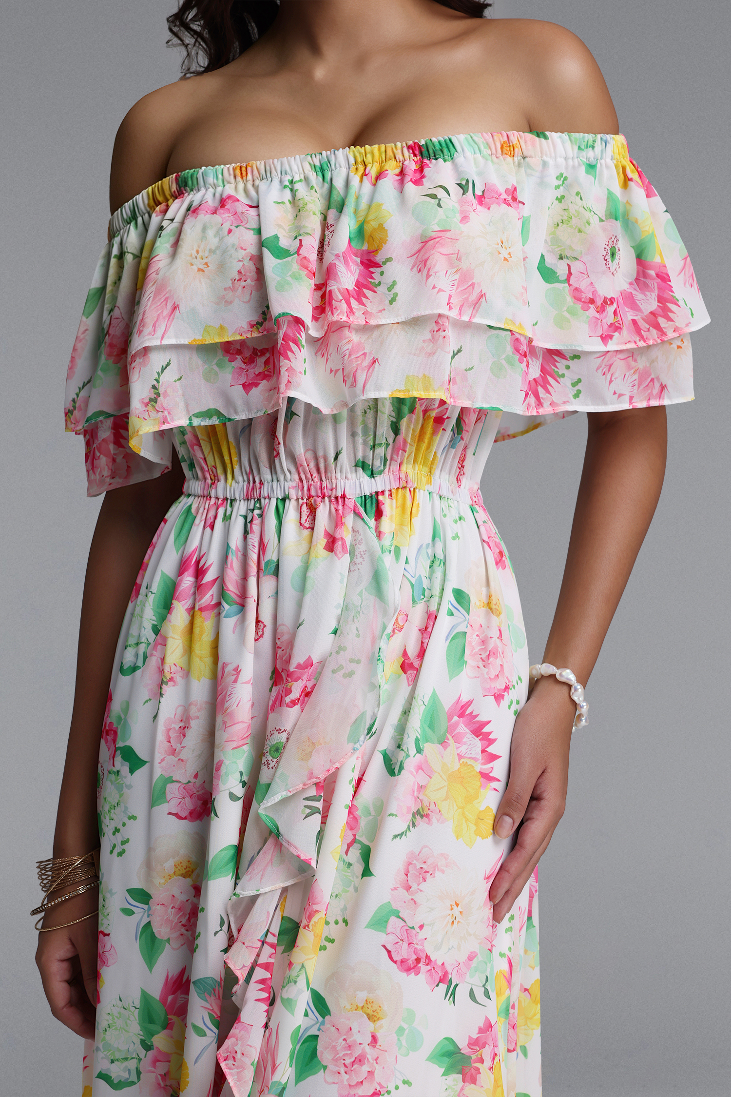 Verues Resort Flowy Off Shoulder Slit Floral Print Chiffon Maxi Dress