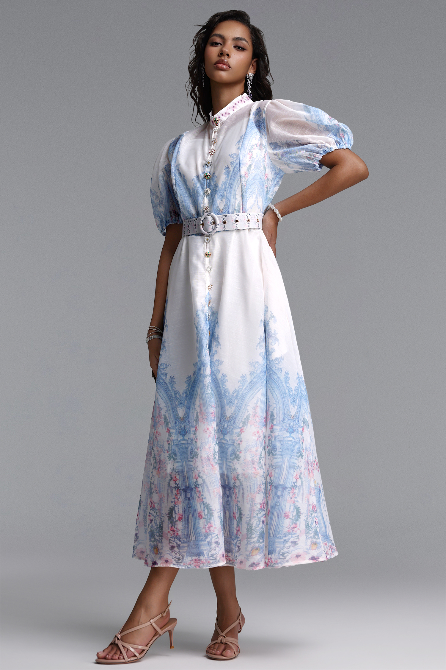 Xezey Resort Flowy Puff Sleeve Floral Print Woven Maxi Dress