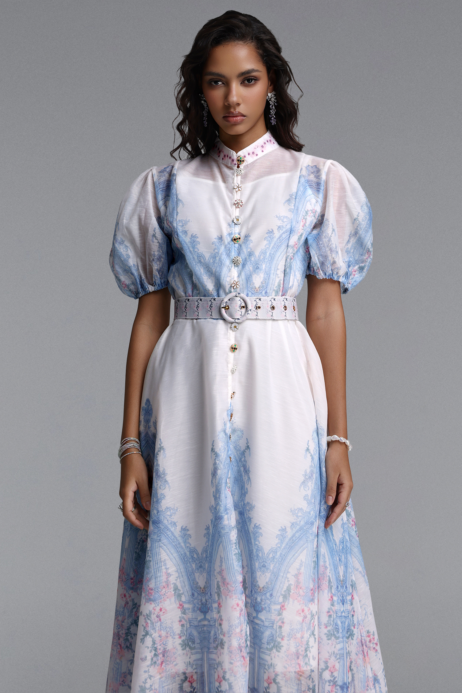Xezey Resort Flowy Puff Sleeve Floral Print Woven Maxi Dress