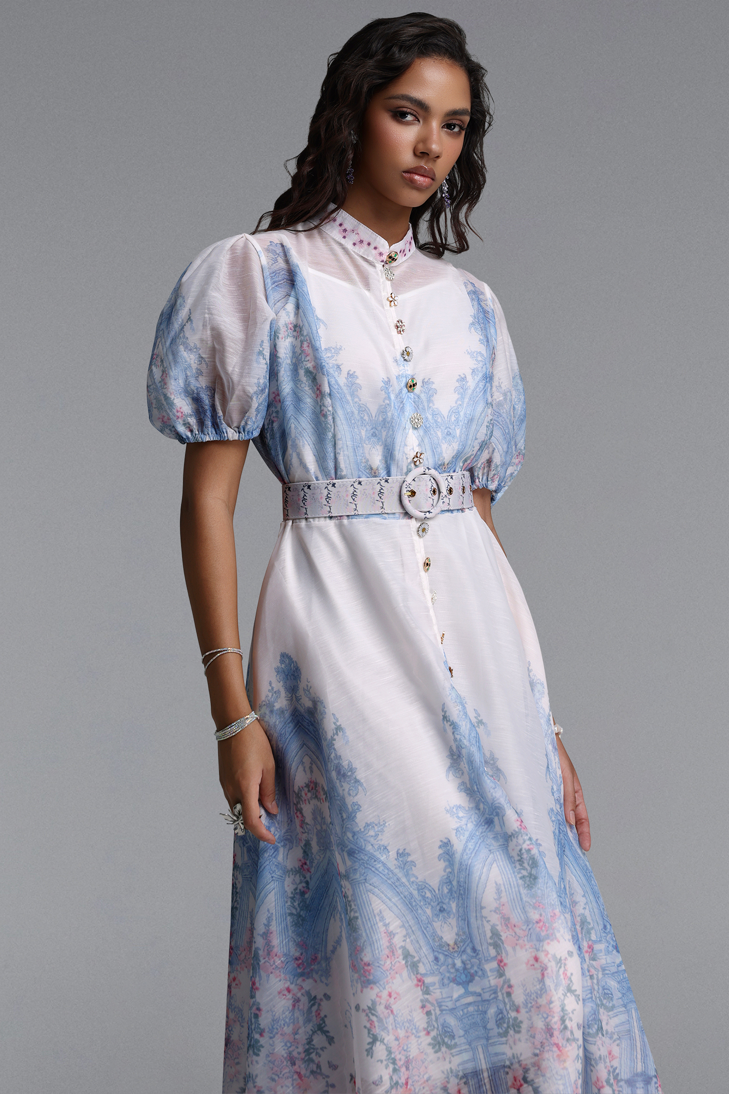 Xezey Resort Flowy Puff Sleeve Floral Print Woven Maxi Dress