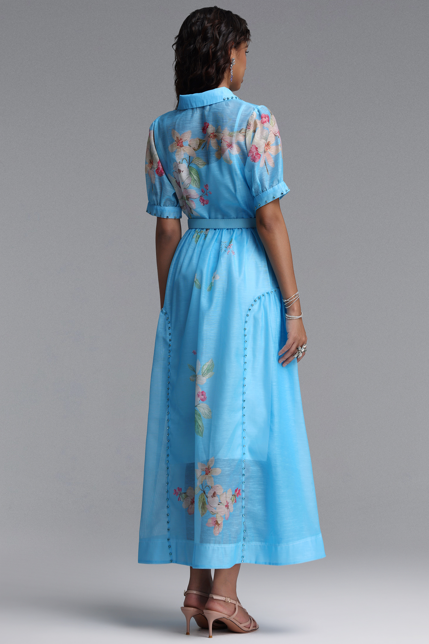 Syre Elegant Flowy Collared Short Sleeve Floral Print Rhinestone Woven Maxi Dress