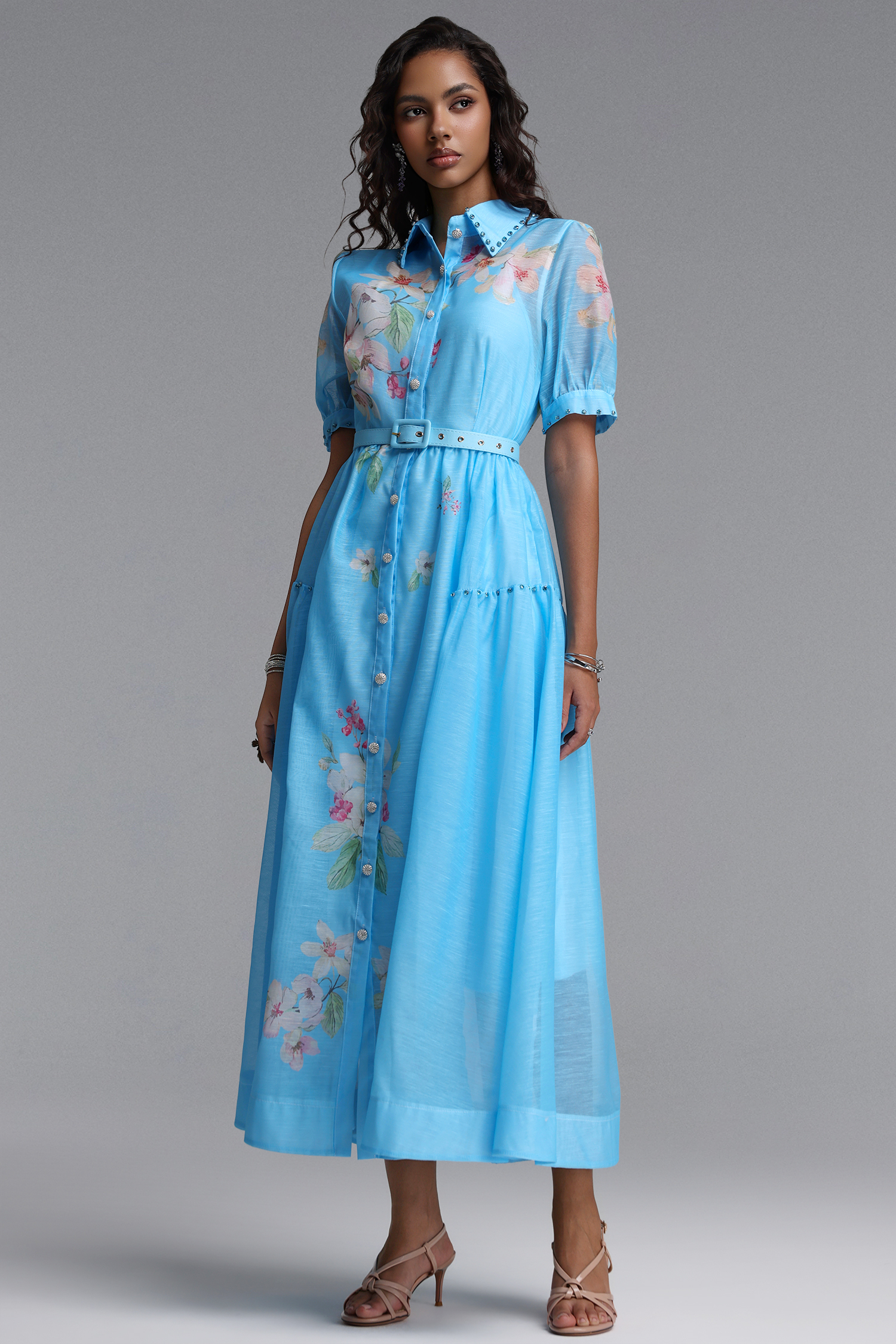 Syre Elegant Flowy Collared Short Sleeve Floral Print Rhinestone Woven Maxi Dress