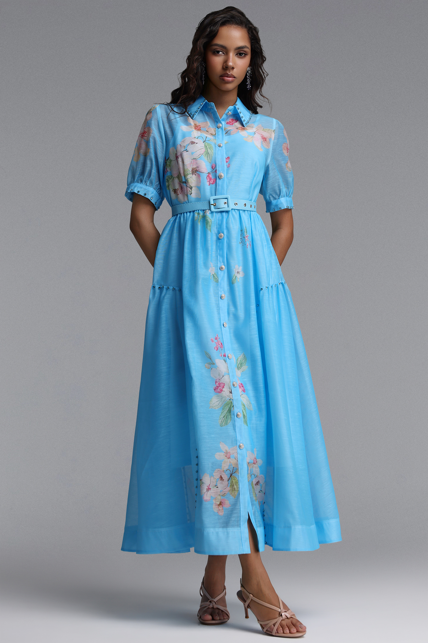 Syre Elegant Flowy Collared Short Sleeve Floral Print Rhinestone Woven Maxi Dress