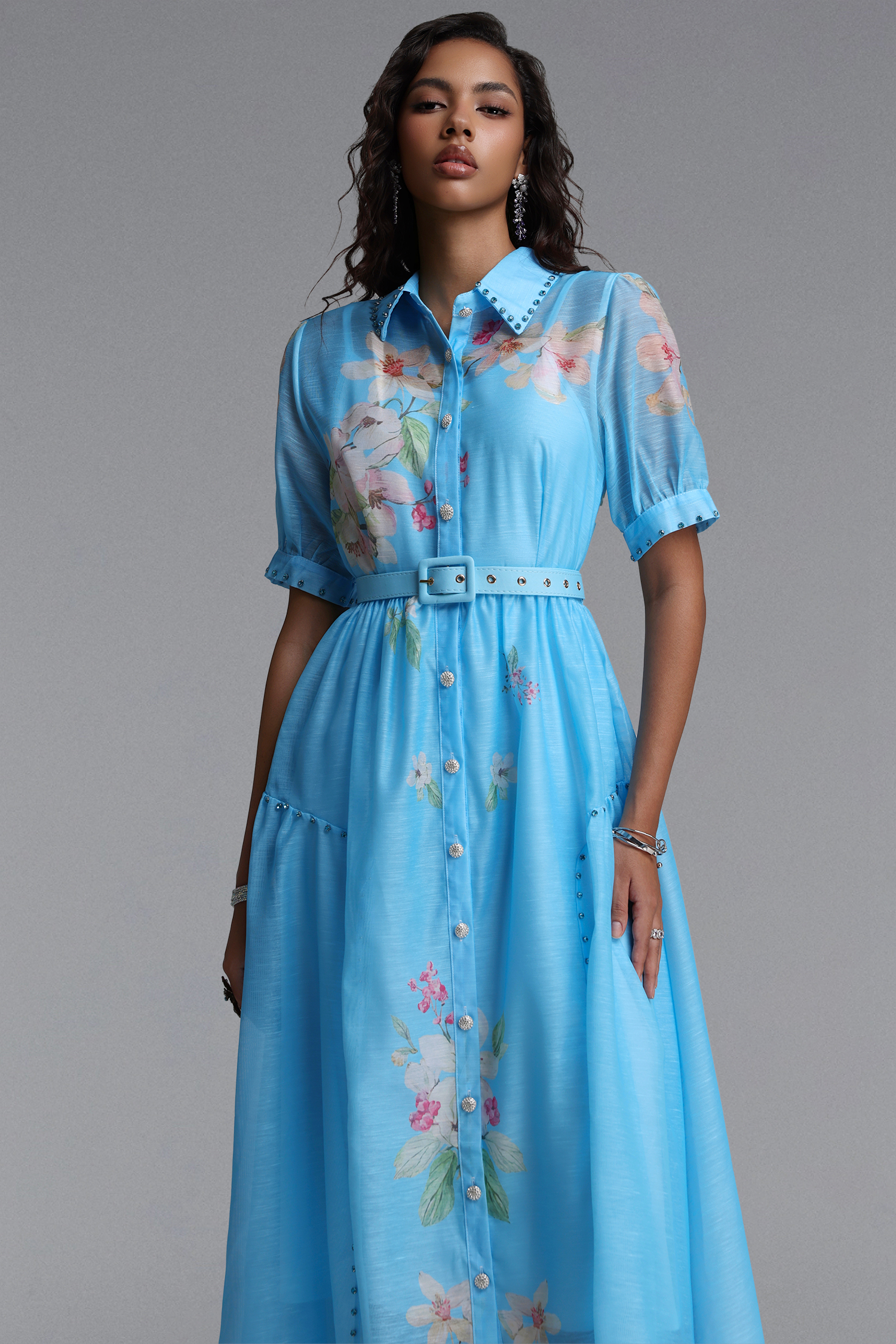 Syre Elegant Flowy Collared Short Sleeve Floral Print Rhinestone Woven Maxi Dress