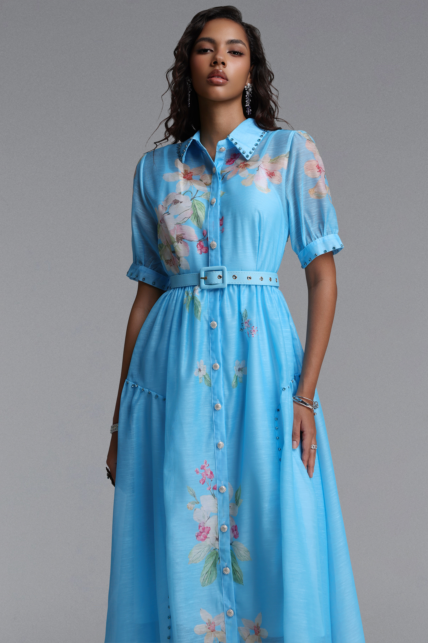 Syre Elegant Flowy Collared Short Sleeve Floral Print Rhinestone Woven Maxi Dress