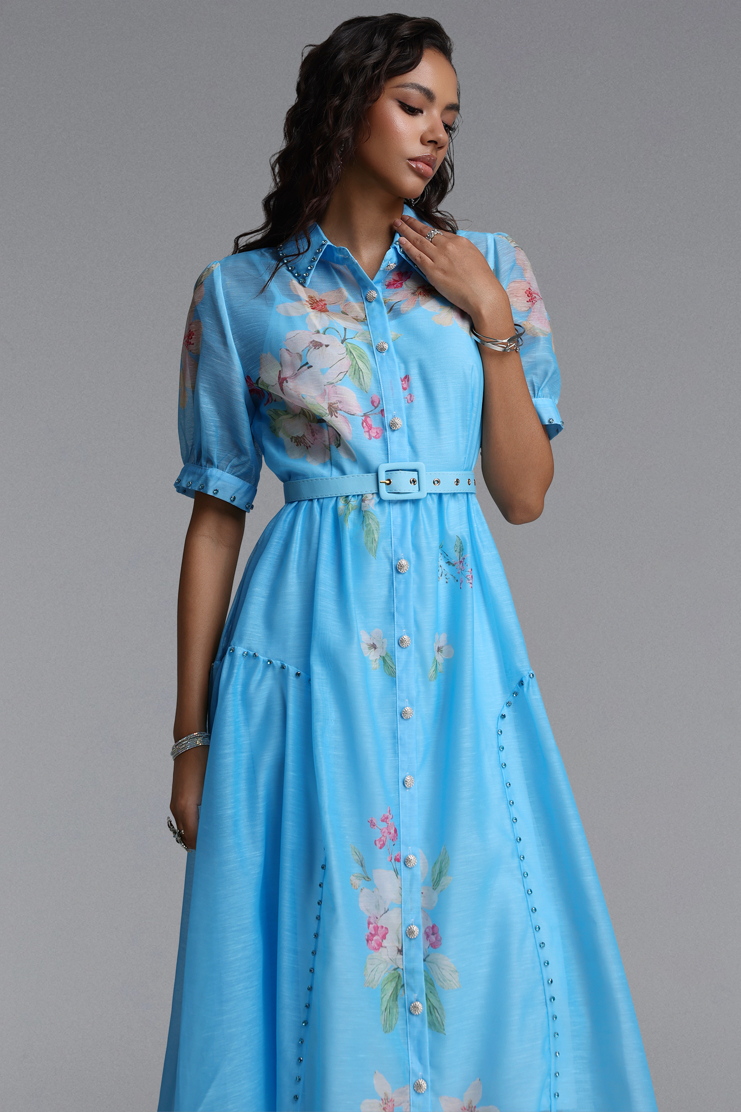 Syre Elegant Flowy Collared Short Sleeve Floral Print Rhinestone Woven Maxi Dress