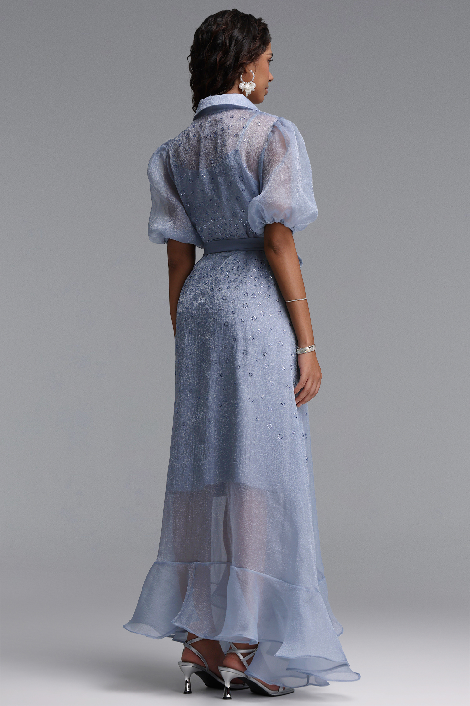 Elena Elegant Flowy Puff Sleeve Rhinestone Chiffon Maxi Dress