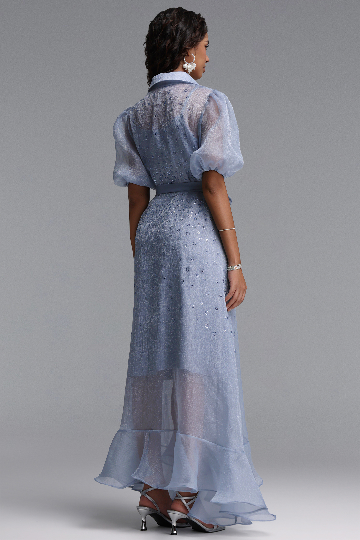 Elena Elegant Flowy Puff Sleeve Rhinestone Chiffon Maxi Dress