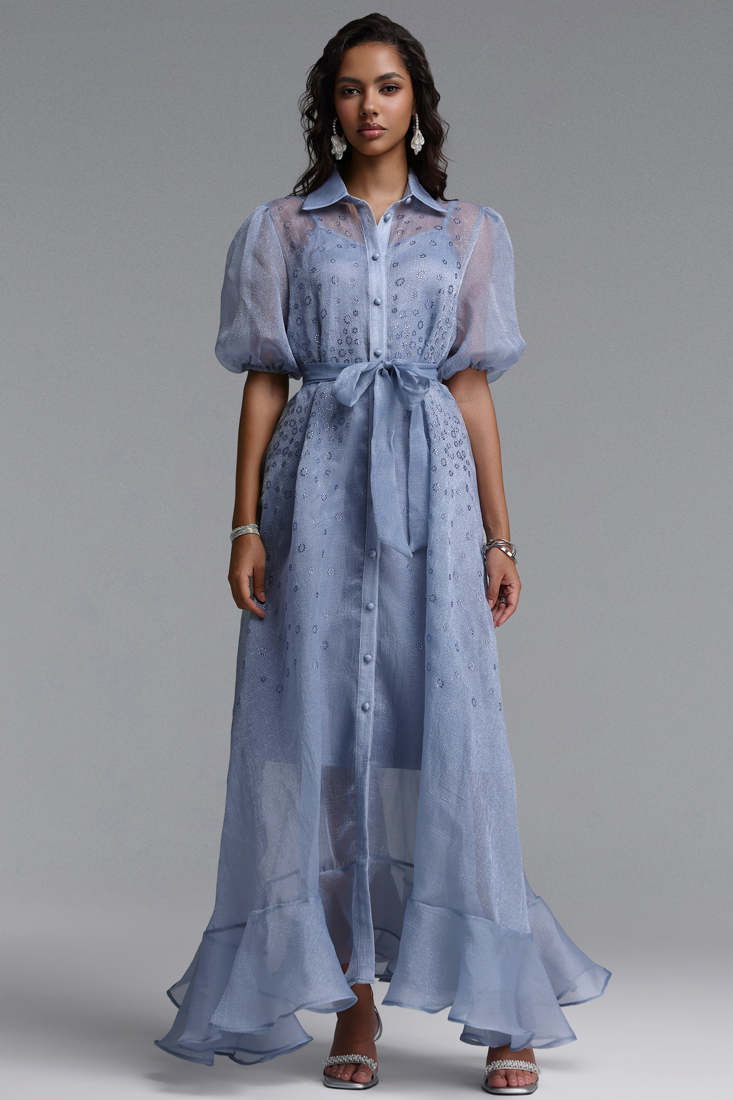 Elena Elegant Flowy Puff Sleeve Rhinestone Chiffon Maxi Dress