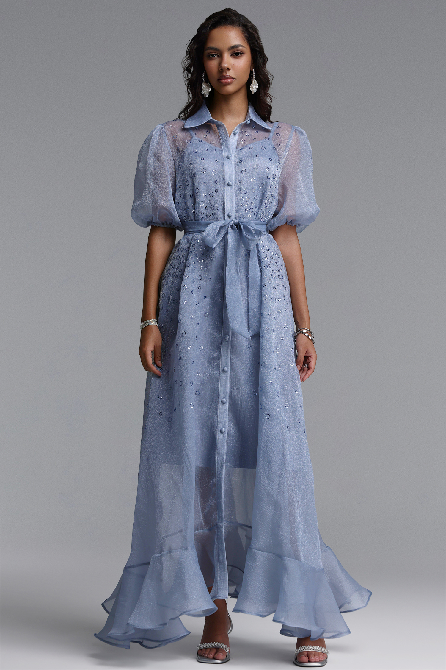 Elena Elegant Flowy Puff Sleeve Rhinestone Chiffon Maxi Dress