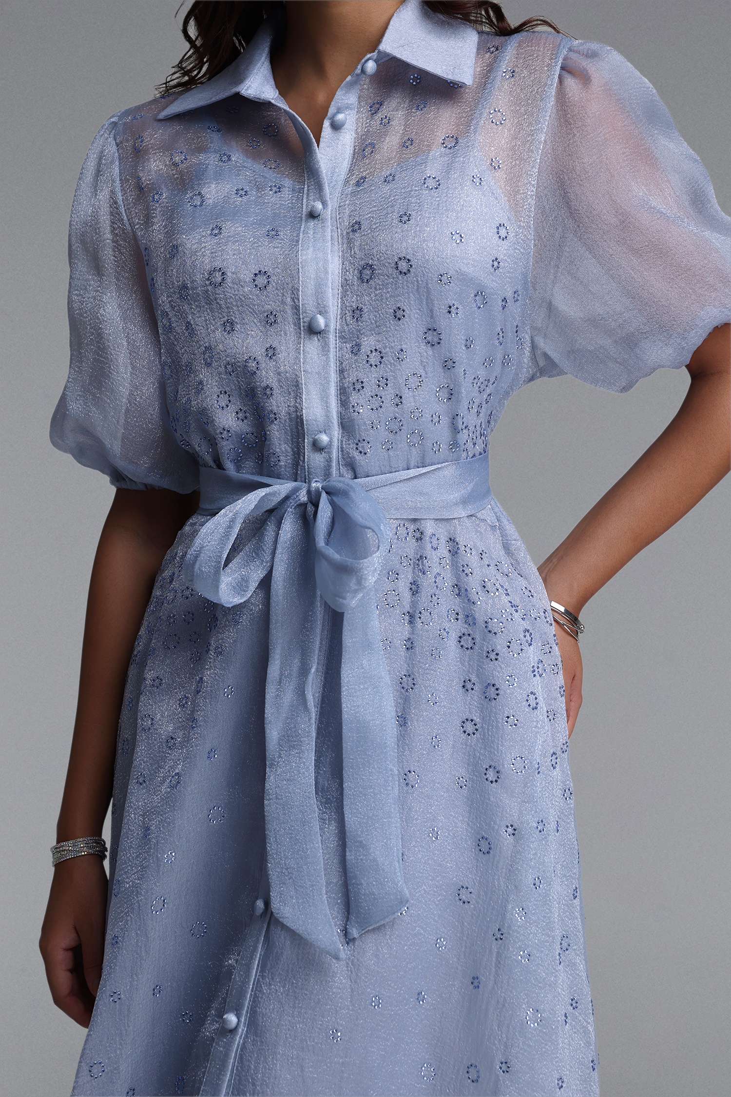 Elena Elegant Flowy Puff Sleeve Rhinestone Chiffon Maxi Dress