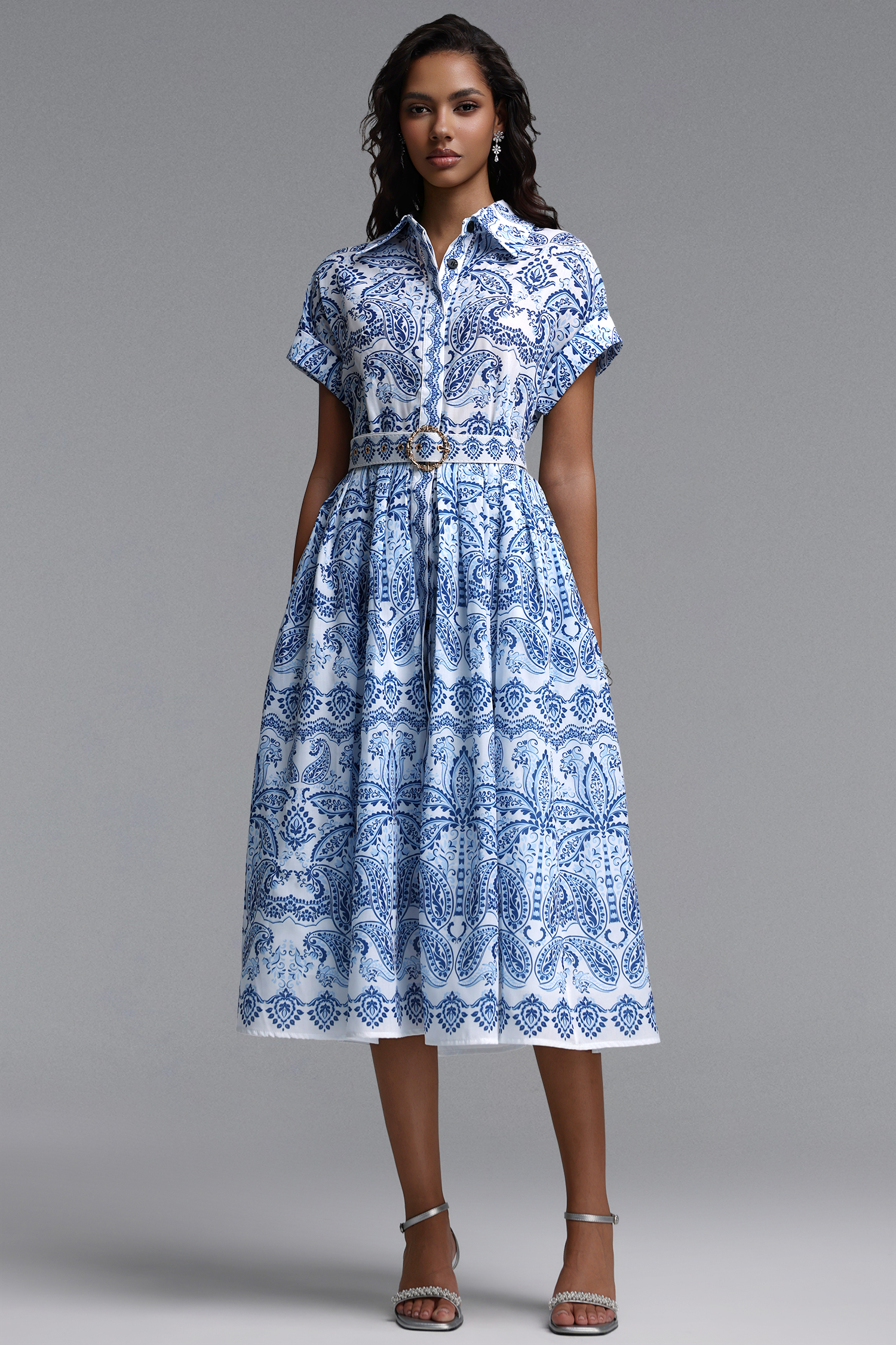 Zetia Classic Tailored Short Sleeve Print Woven Midi Dress