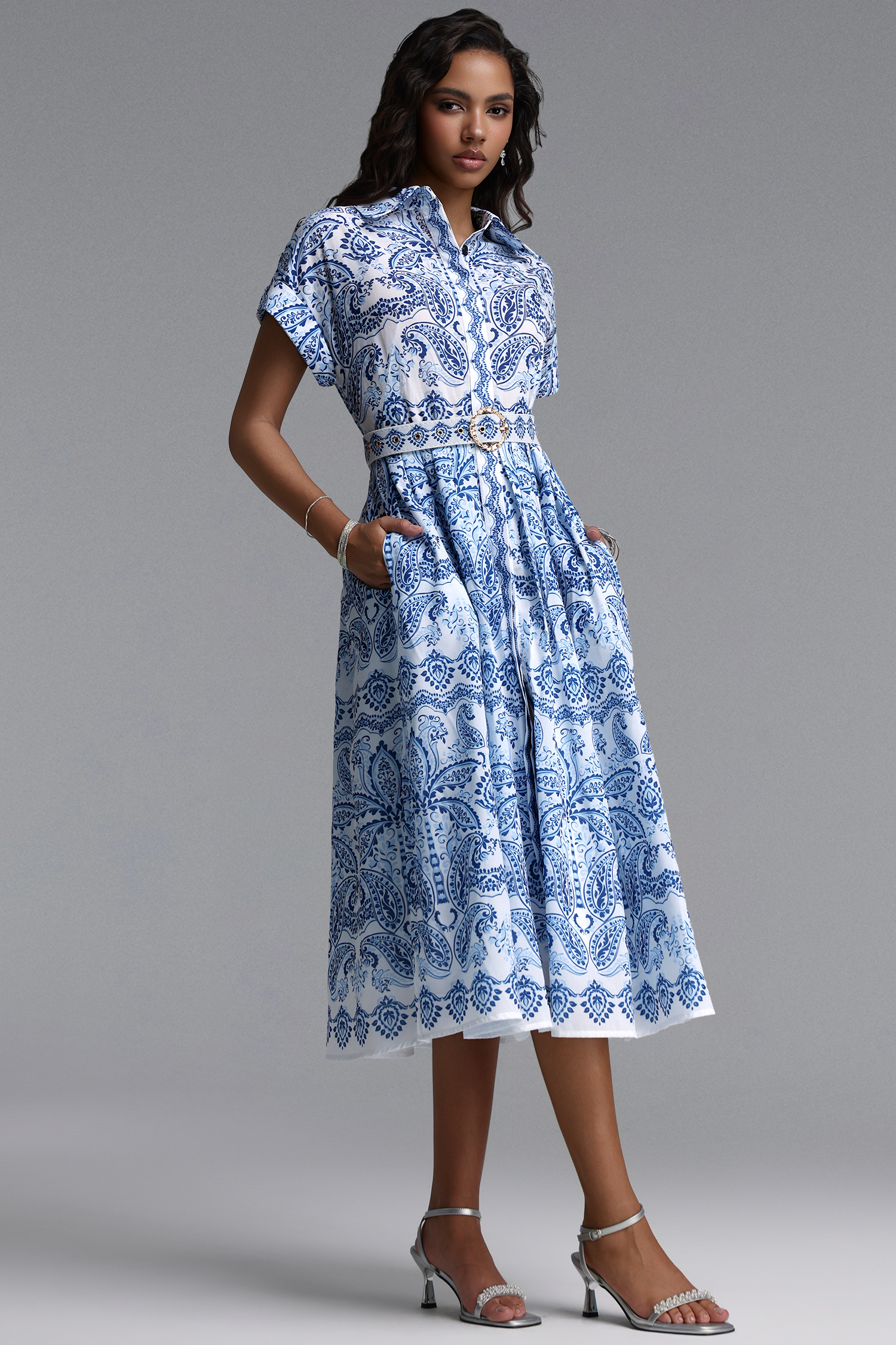 Zetia Classic Tailored Short Sleeve Print Woven Midi Dress
