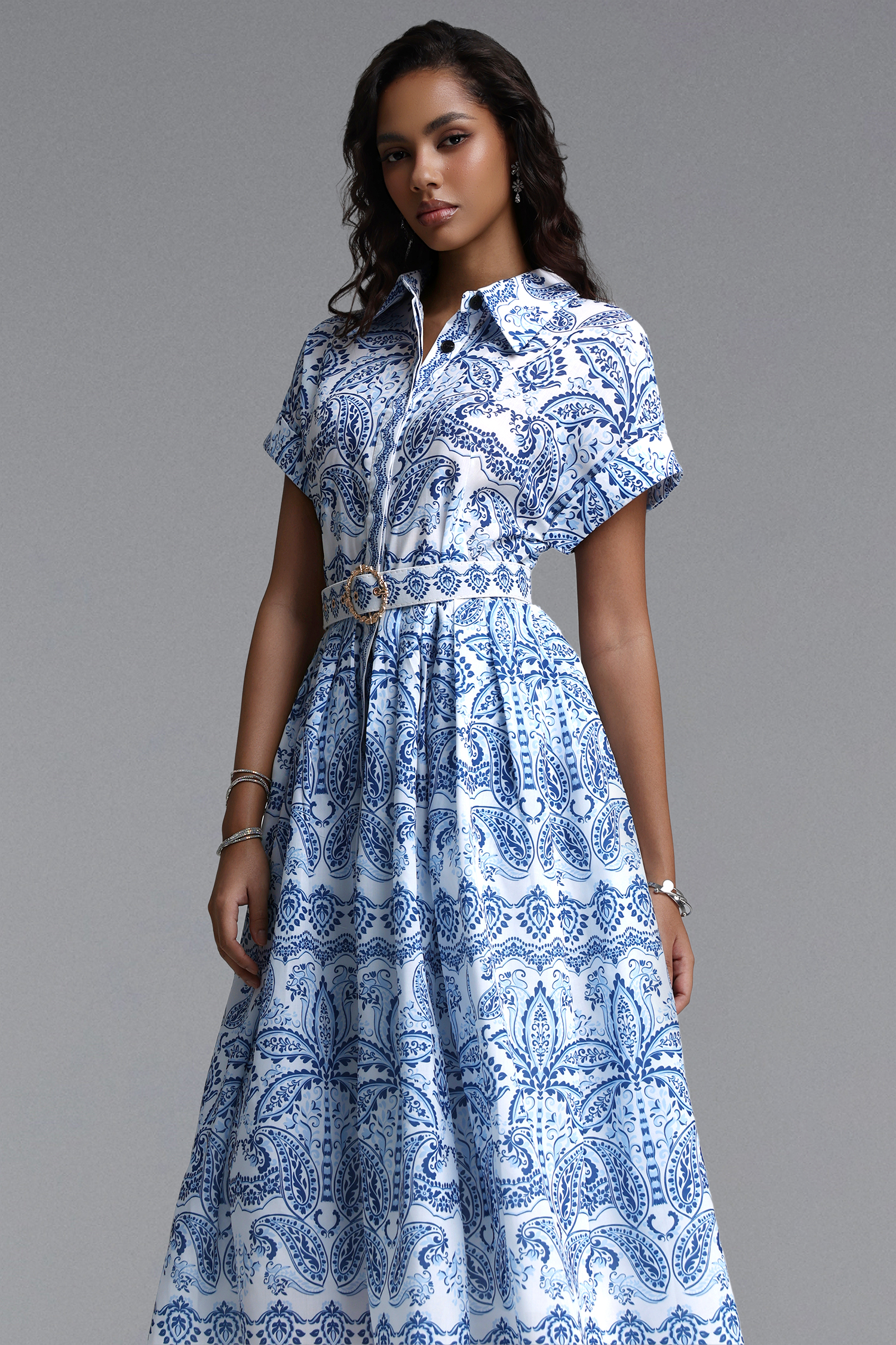 Zetia Classic Tailored Short Sleeve Print Woven Midi Dress