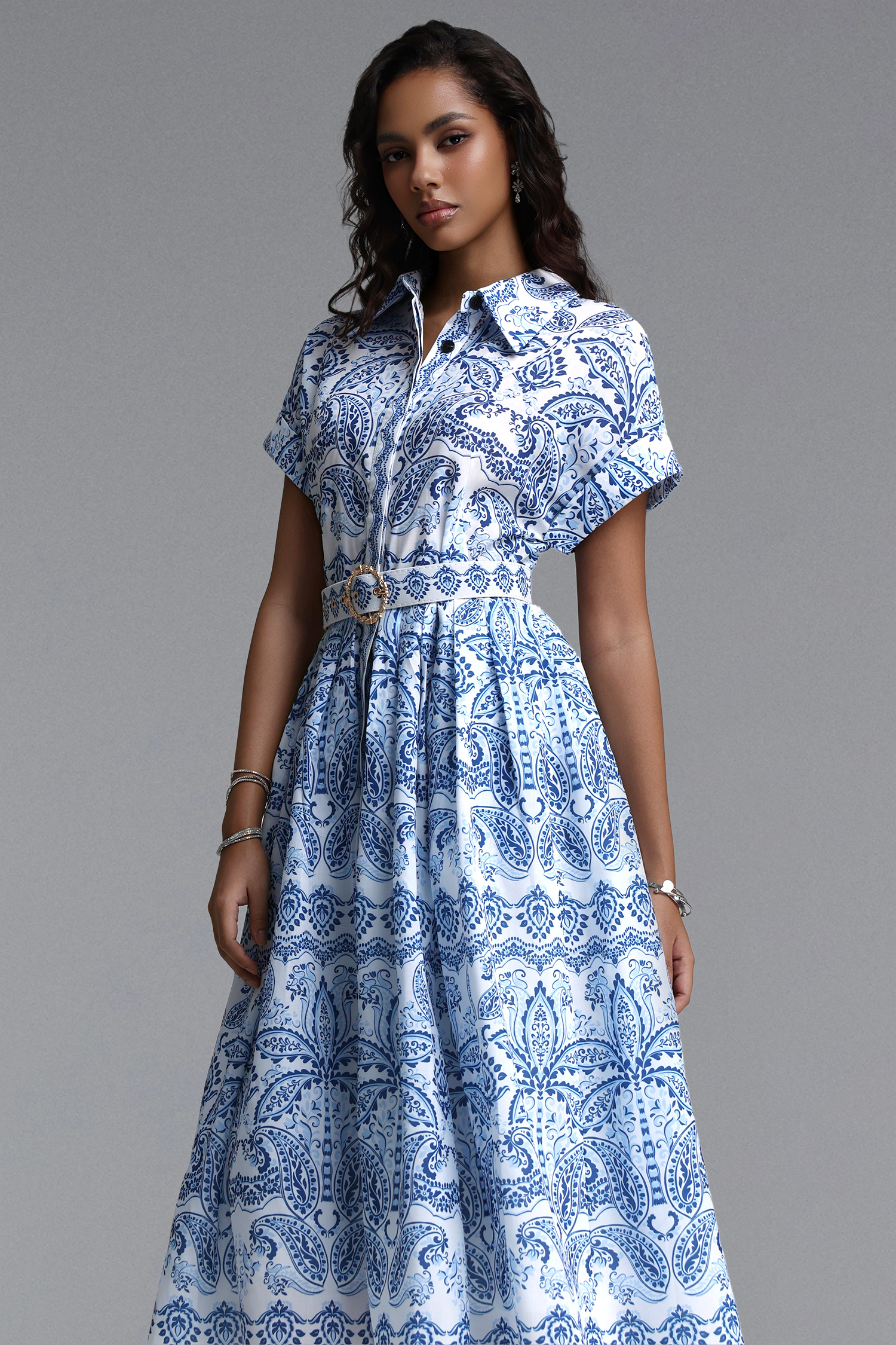 Zetia Classic Tailored Short Sleeve Print Woven Midi Dress