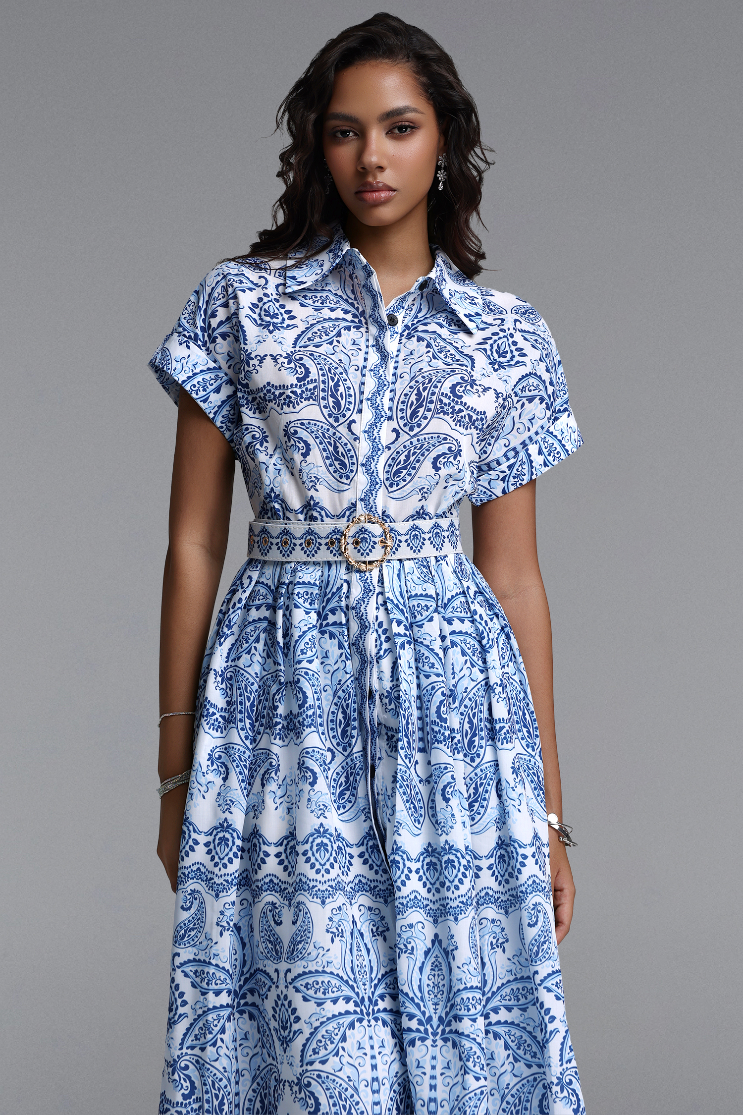 Zetia Classic Tailored Short Sleeve Print Woven Midi Dress
