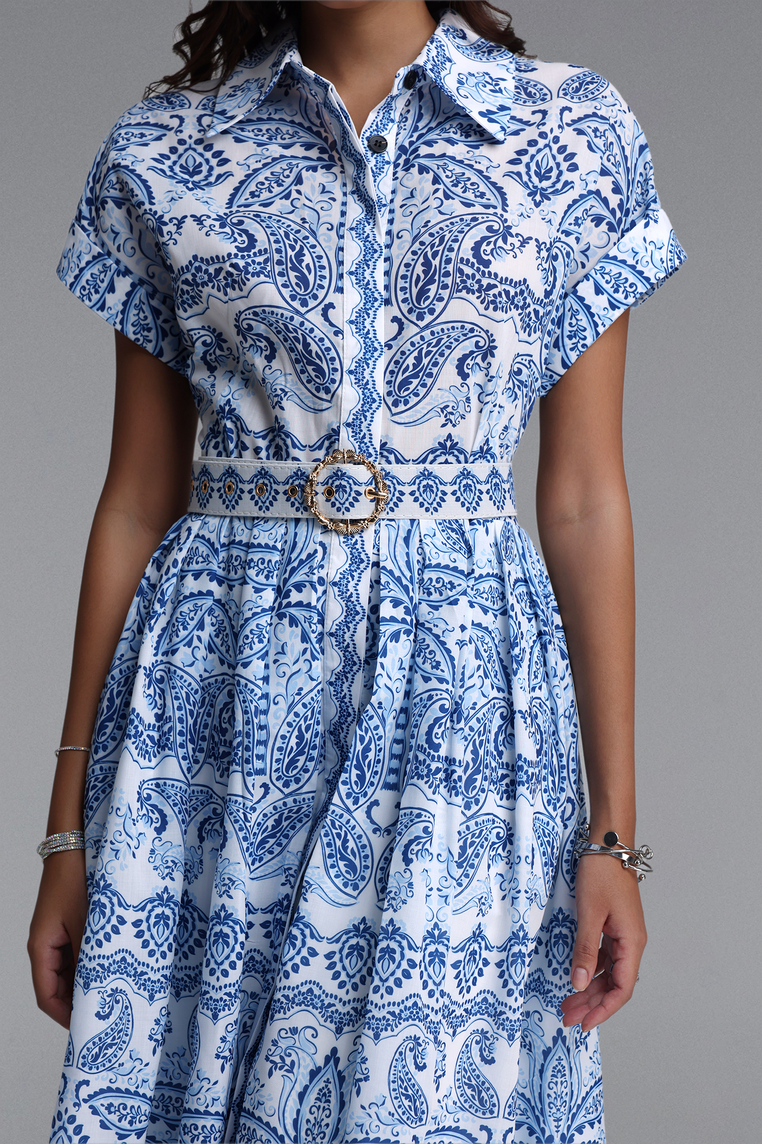 Zetia Classic Tailored Short Sleeve Print Woven Midi Dress