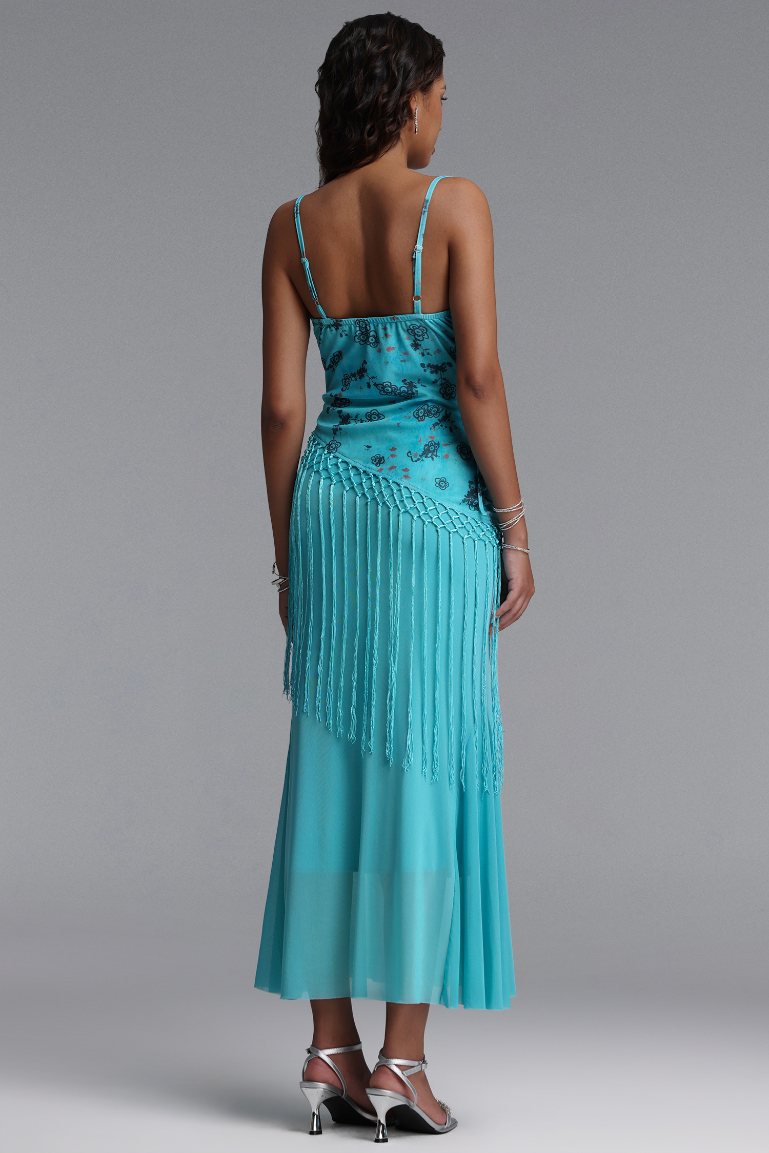 Palez Elegant Contour Spaghetti Strap Fringe Floral Print Mesh Maxi Dress